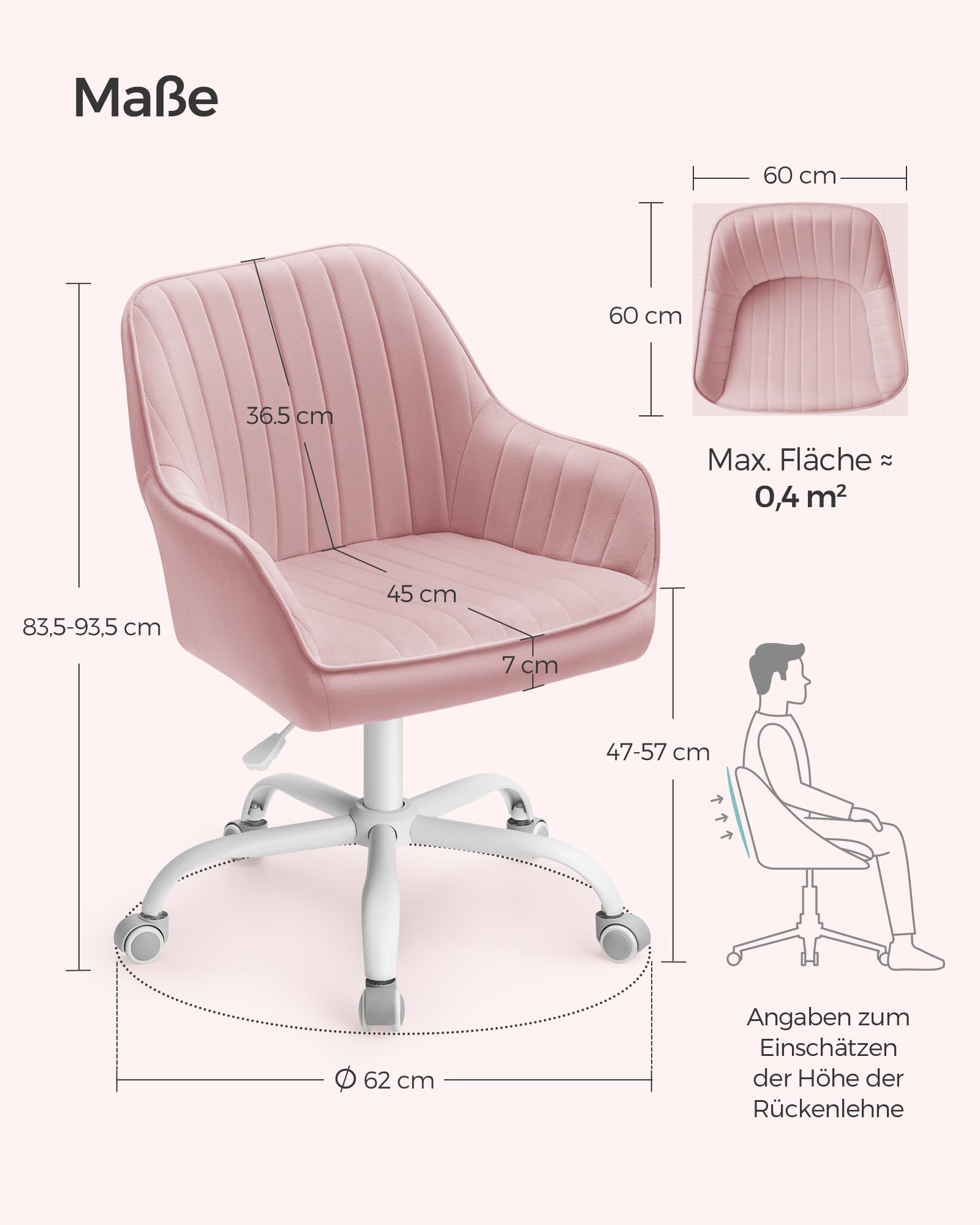 SONGMICS Bürostuhl, Drehstuhl mit Samtbezug, Schaumstoffpolsterung, höhenverstellbar, für Arbeitszimmer, Bar, pastellrosa OBG012R01