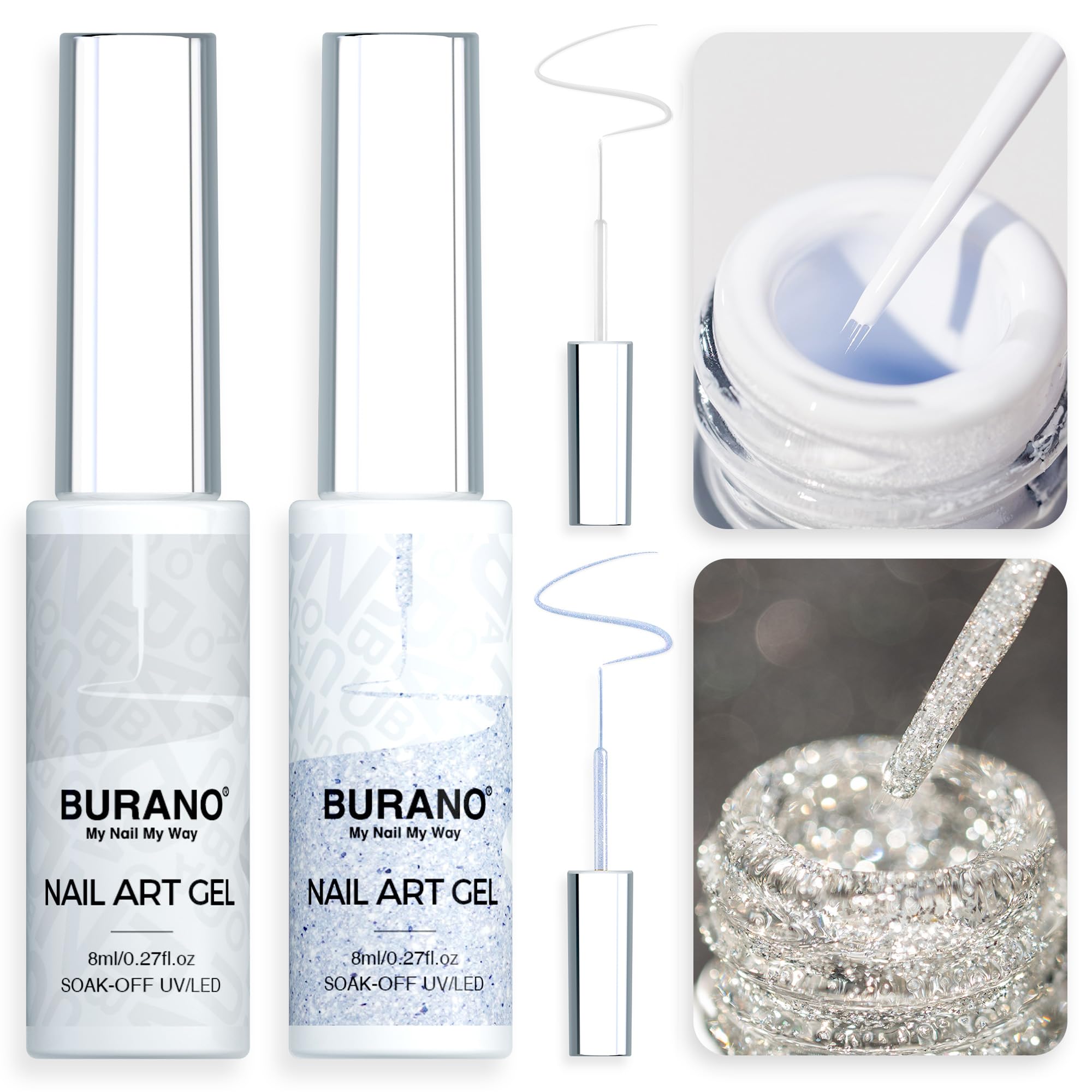 BURANO Holographic Gel Nail Polish Liner Nail Art Polish, Silver Gold Reflective Glitter Painted Gel Nail Design Polish 2 Bottle 8ml (white)