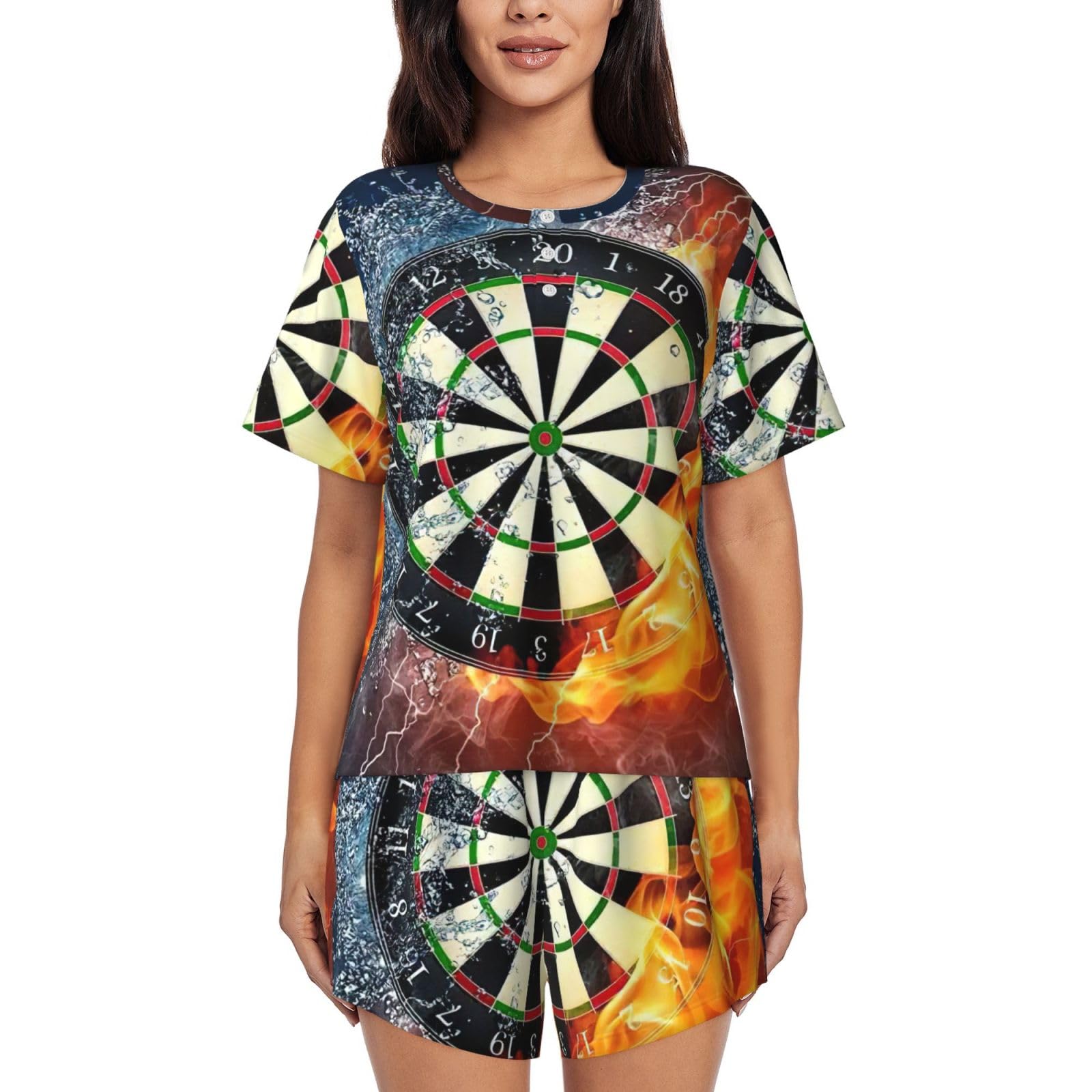 JEJEA Dart Board Print Women Short Sleeve Tee Sleepwear Short Sets Short Pajamas Sets Soft Pj Lounge Sets Black