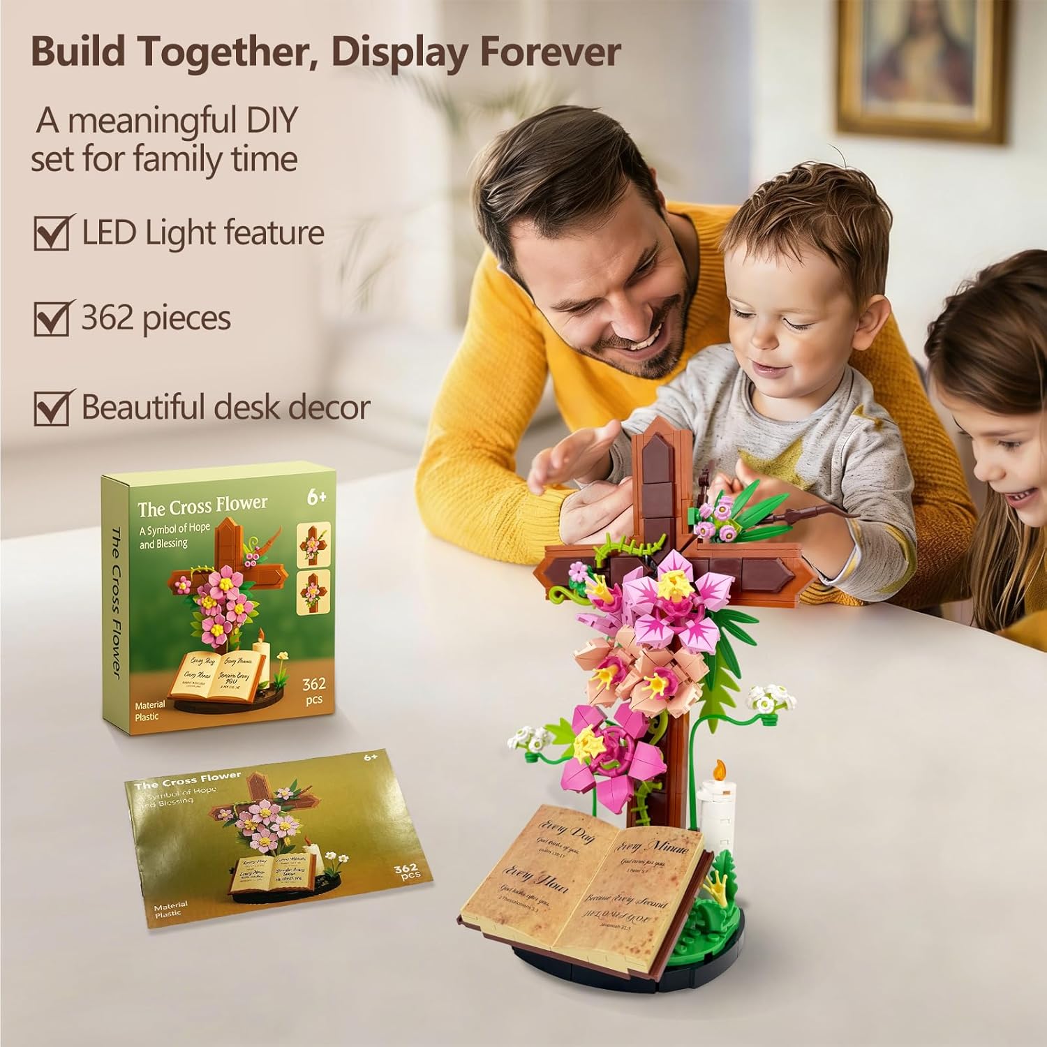 Jesus Set Cross Flower Building Block Set, Christian Crucifix Floral Decor for Adults, Faith Inspired Religious Display for Home Desk, Bible Gift for Easter Cross Brick Set, Prayer Room