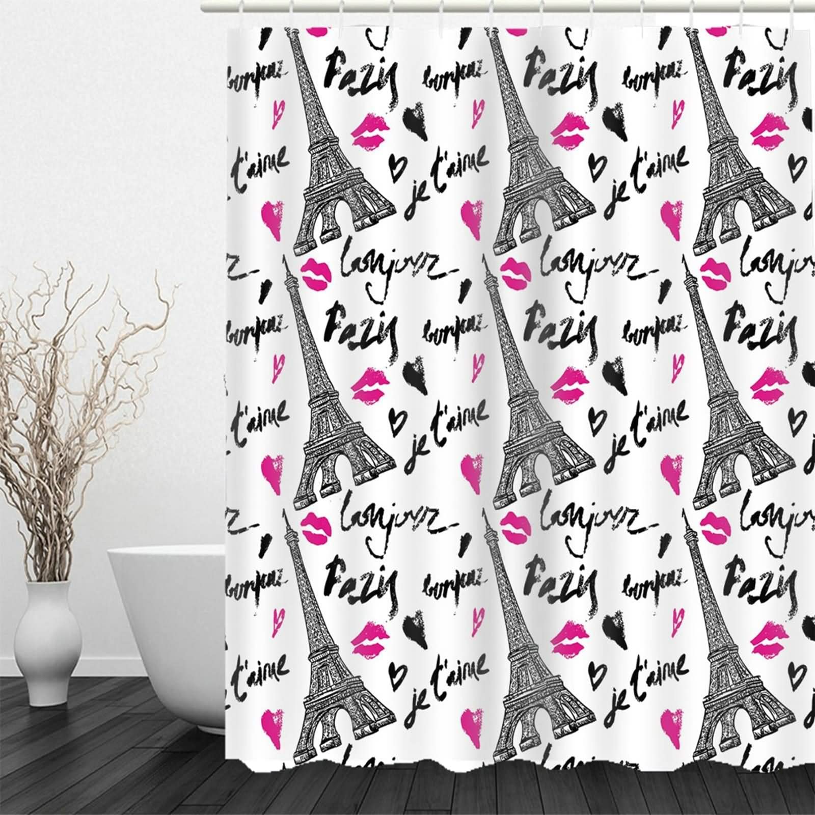 Duschrollo für Badewanne, Bad Duschvorhang Lippenabdruck und Turm Schwarz Rosa 180X200cm für Badezimmer
