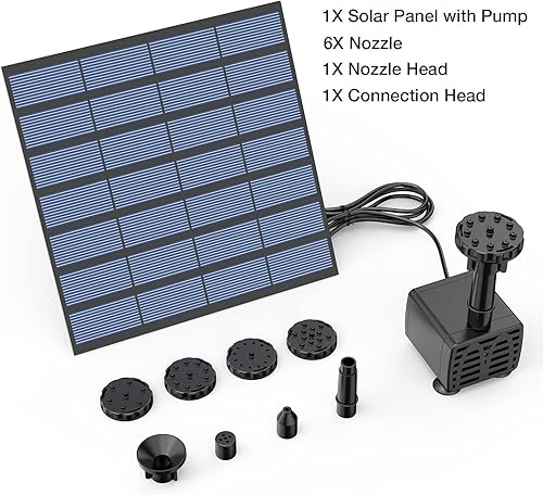 Miniatura 6 de AISITIN Bomba de fuente solar de 2.5 W, bomba de fuente de agua solar para exteriores con 6 boquillas y tubo de agua de 4 pies, bomba solar para