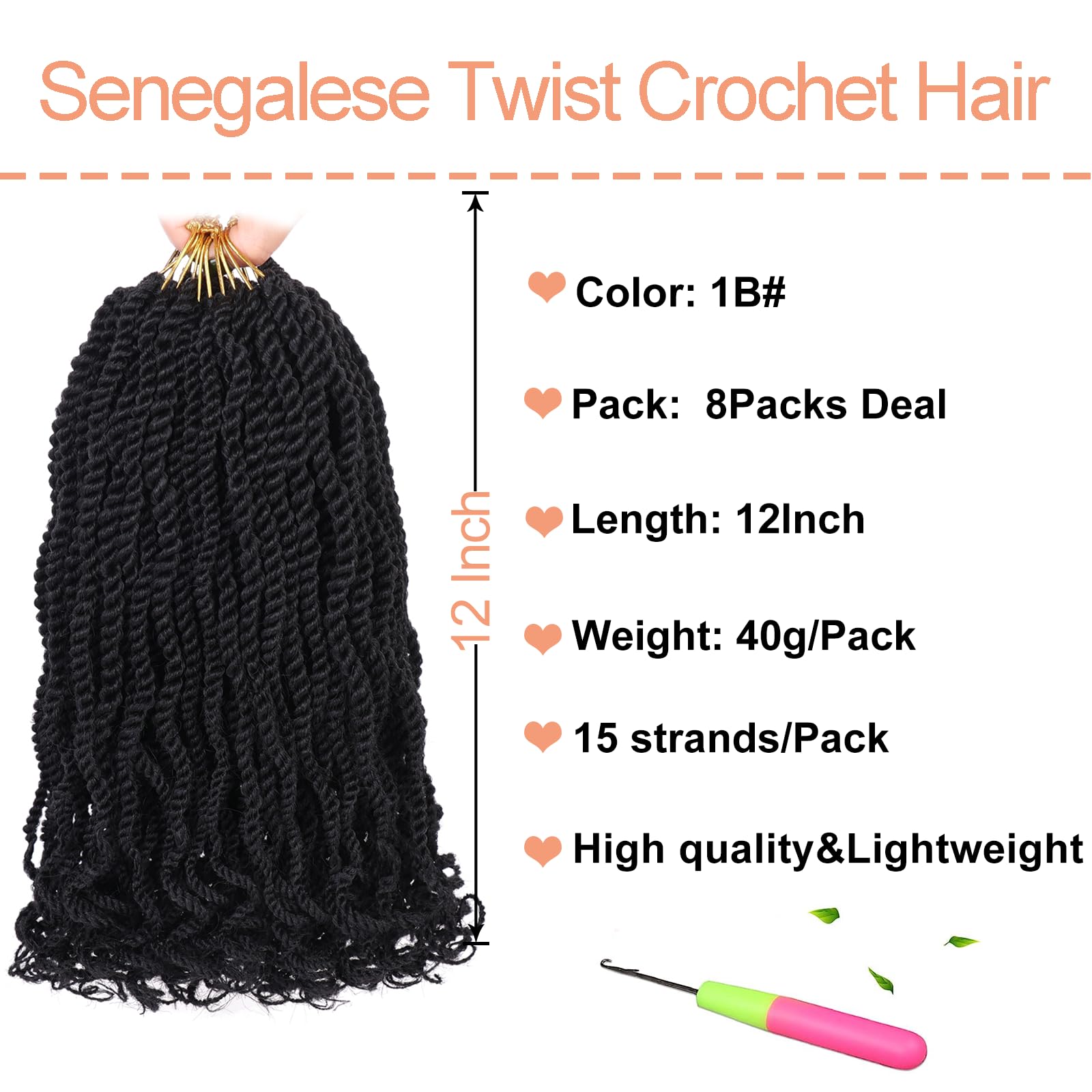 Mscat 12 Inch Senegalese Twist Crochet Hair with Wavy Curly Ends 8 Packs Short Pre Looped Black Twist Synthetic Crochet Braids for Women Girl Kids 1B# - Image 2