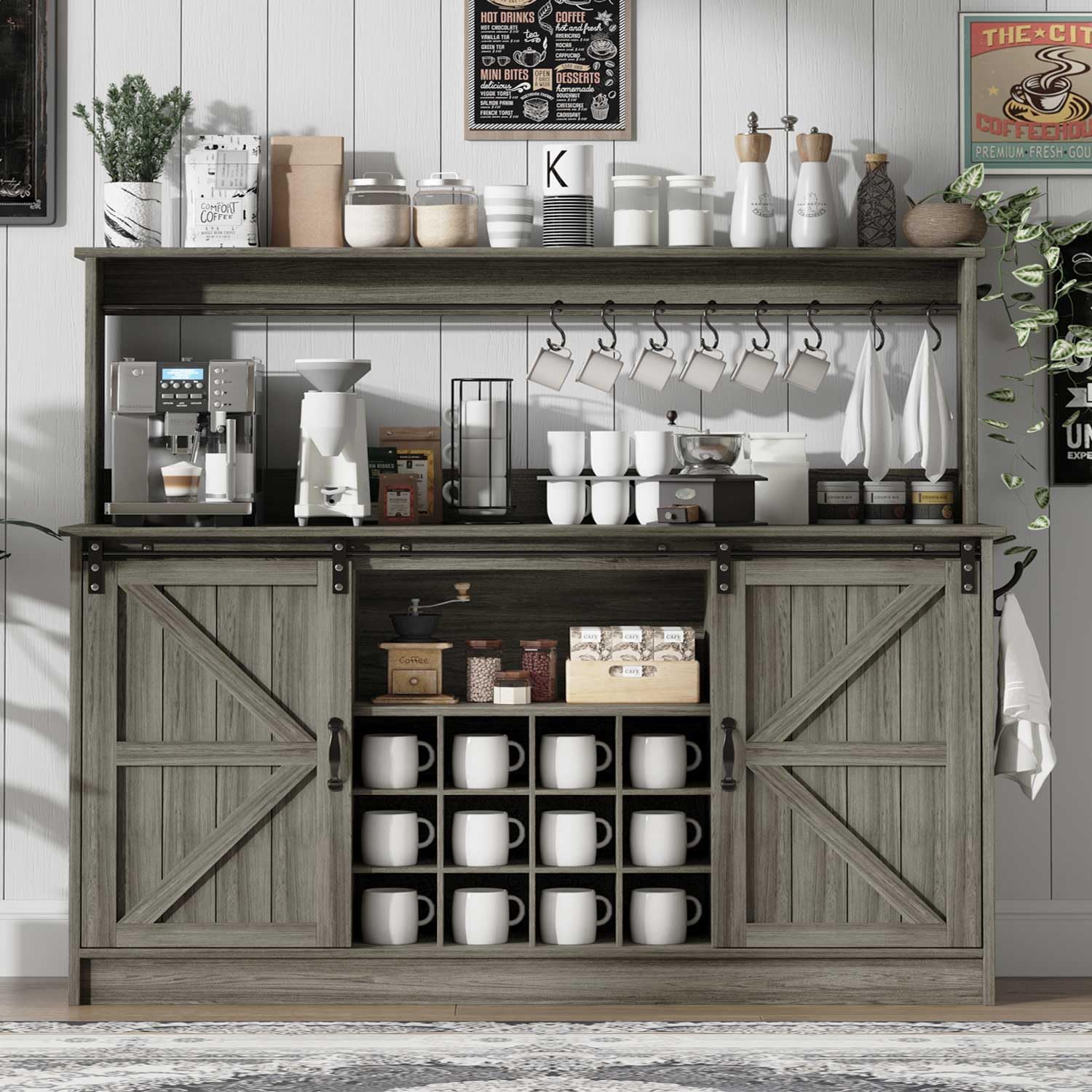 4ever2buy Farmhouse Coffee Bar Cabinet with Storage, 55 Inch Kitchen Hutch with Sliding Barn Doors, Wine Bar Cabinet with Hutch, 12 Racks and 8 Hooks