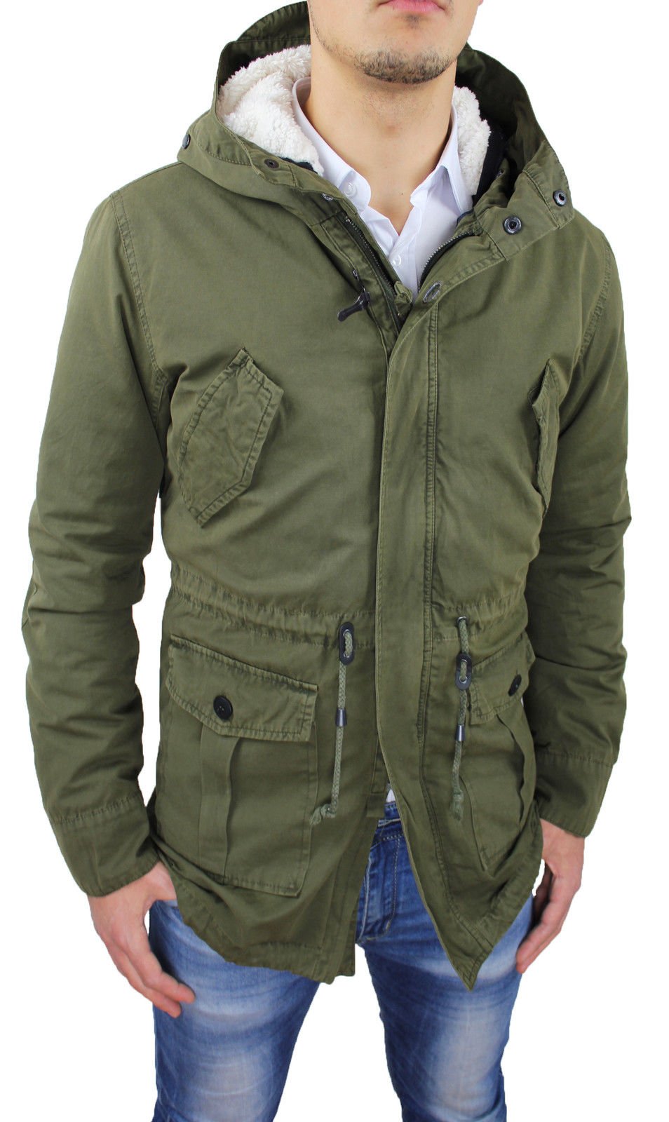 Giaccone Uomo Parka Verde Militare Casual Invernale Giacca Cappotto con Pelliccia Interna