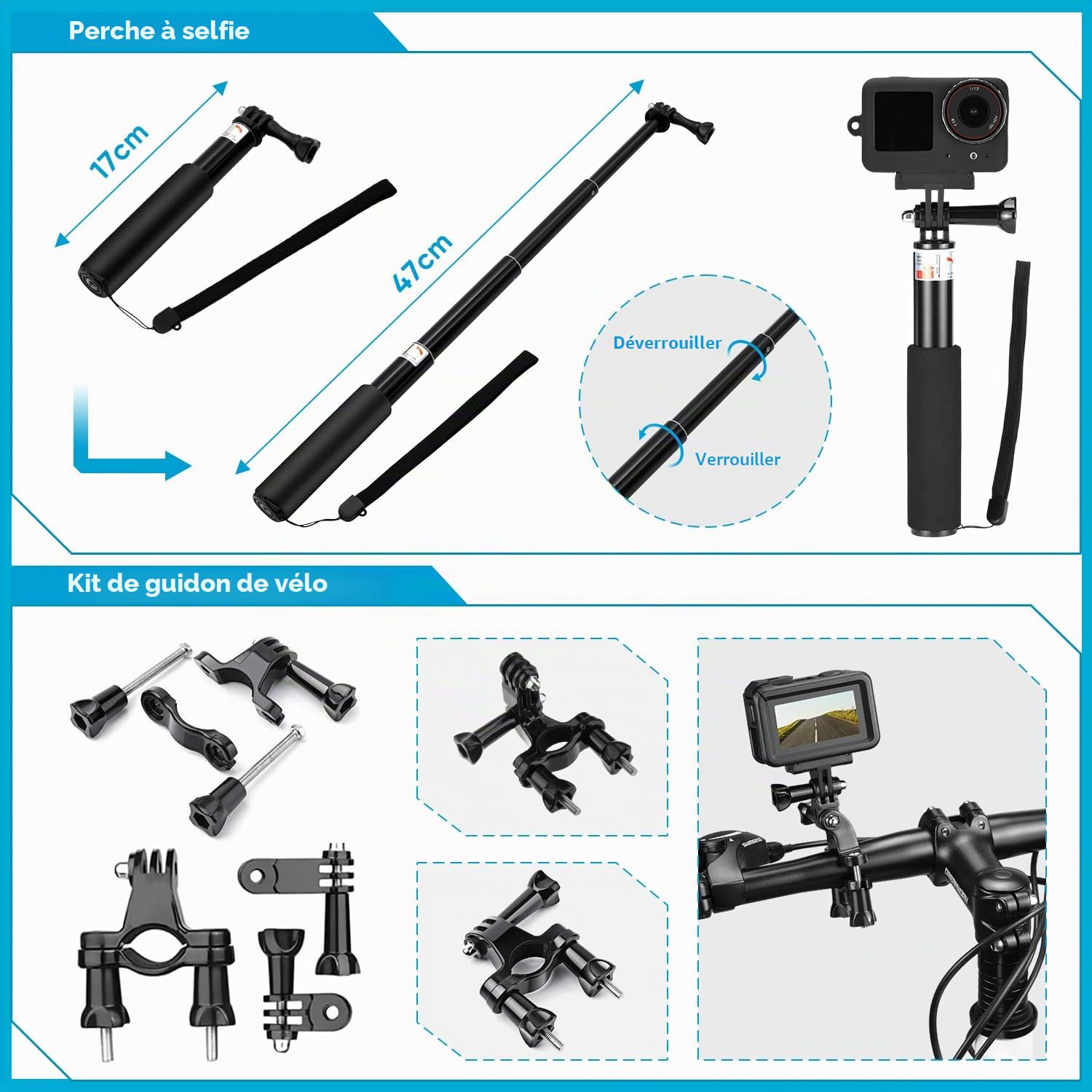 oGoDeal Kit d'accessoires pour DJI Osmo Action 5 Pro/4/3, étui de Protection étanche avec Tuba Accessoires de vélo Barre à Selfie Sangle de tête pour DJI Osmo