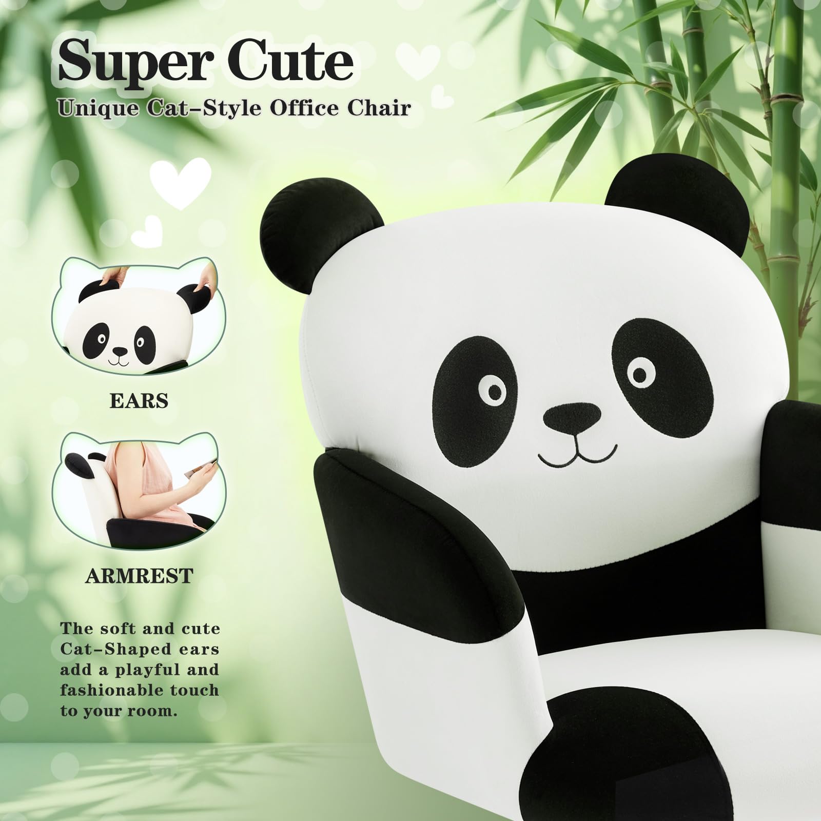 IWMH Home Office Chair Wide Seat Desk Chair Cute Velvet Swivel Vanity Chairs Cat Themed Computer Task Chairs with Wheels Upholstered Modern Accent Armchair for Living Room Bedroom Study Makeup: Black 1