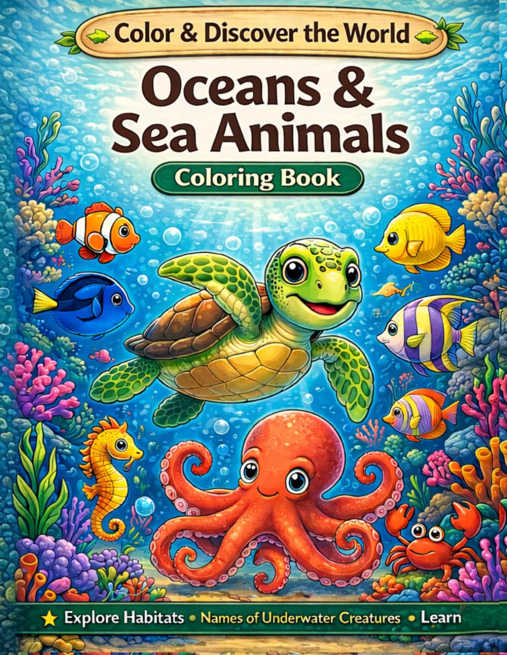 Oceans & Sea Animals Coloring Book: 40 Educational Ocean Coloring Pages with Unique Sea Creatures, Habitats & Color Examples for Kids Ages 4–8 (Color & Discover the World)
