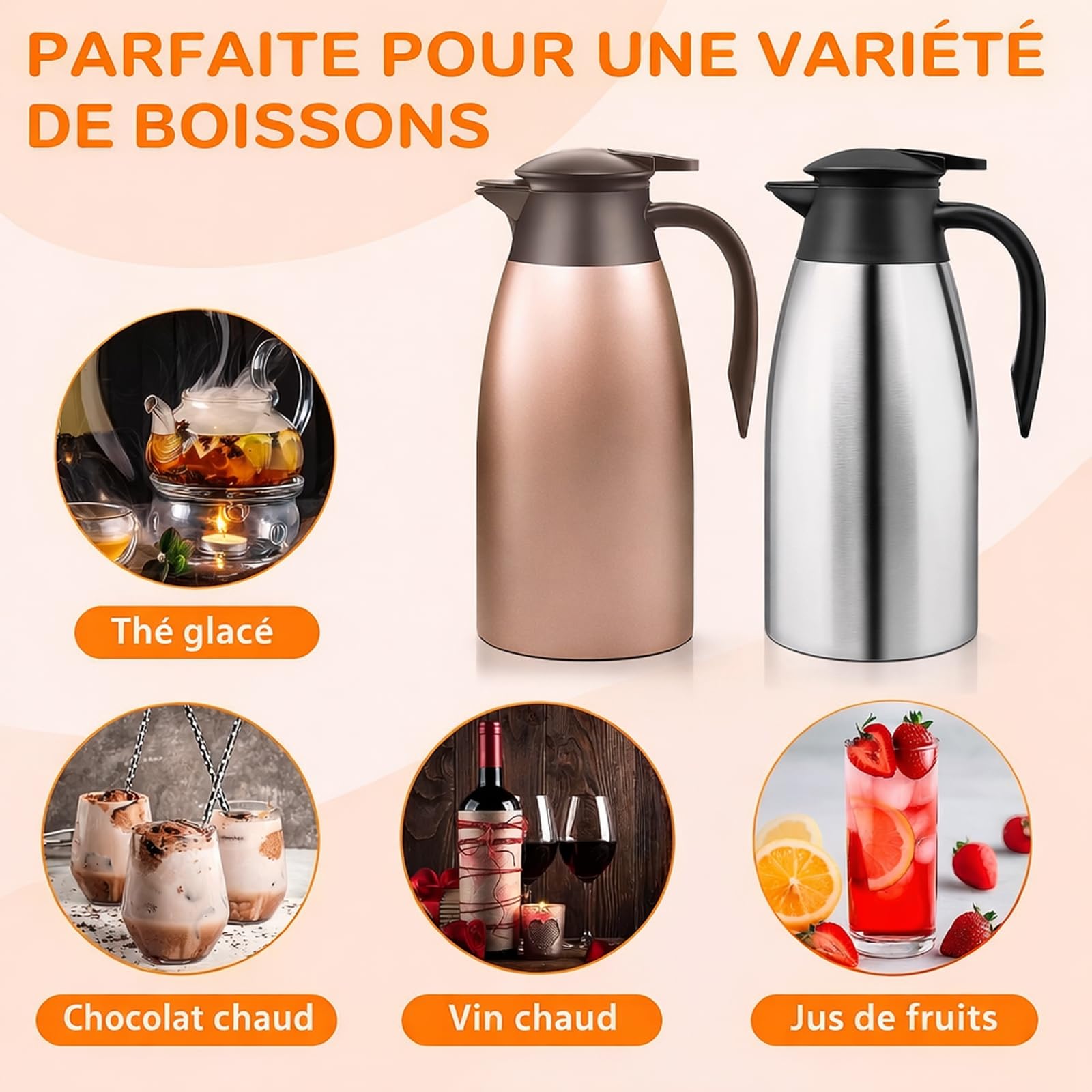Set di 2 caraffe isotermiche da 2 l, in acciaio inossidabile, con manico a doppia parete, per caffè, tè, acqua, succo e 2 spazzole di pulizia