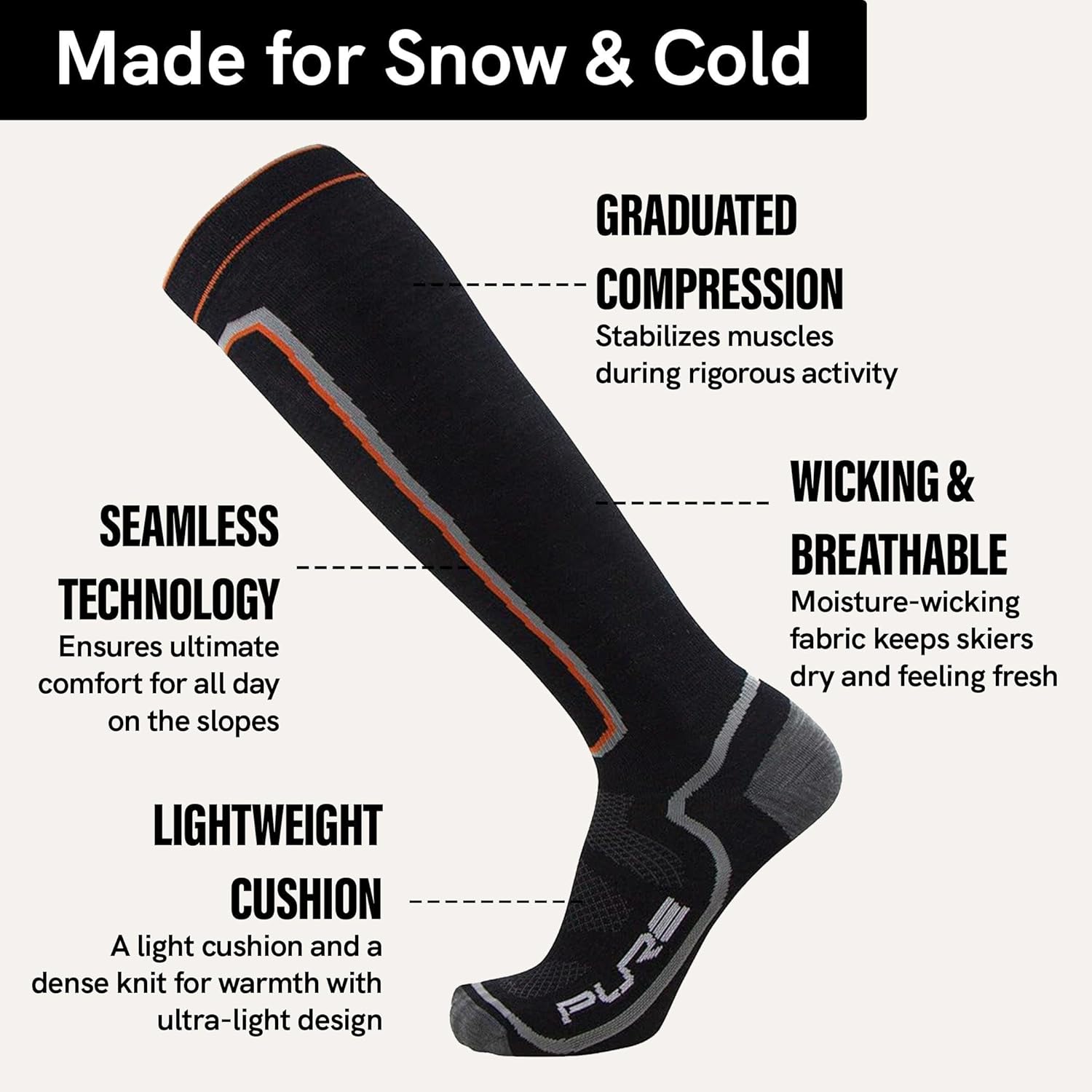 Pure Athlete Ultra Light Ski Socks – Thin Premium Merino Wool Skiing for Men, Women – Snowboard - Image 2