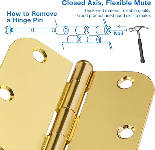 Miniatura 4 de Paquete de 18 bisagras de puerta para puertas interiores, bisagras de 3 12 puertas, 3.5 pulgadas, 58 pulgadas, bisagras redondeadas de latón pulido,
