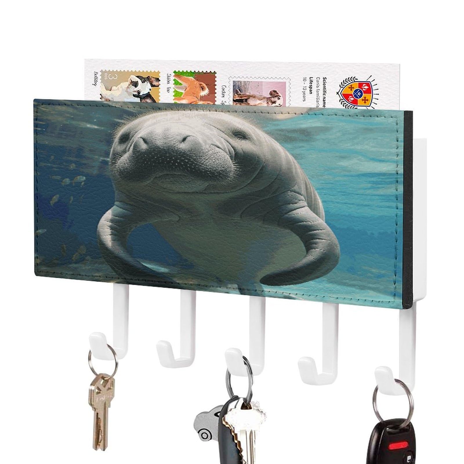 JTREHY Cute Sea Animal Manatee Key Holder Wall Mount Decorative Key and Mail Holder PU Leather Adhesive Key Organizer Hanging Key Hooks Wall Shelf with 5 Hooks for Entryway Hallway Office