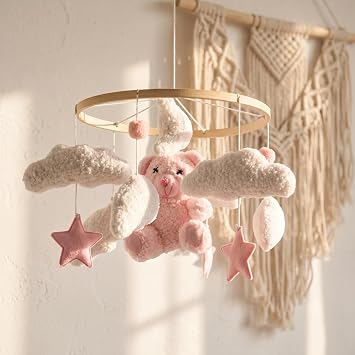 EERKEOD Baby Crib Mobile Bear Nursery Mobile for Boys Girls Teddy Velvet Mobile Nursery Decor for Infant Bedroom Hanging Baby Mobile for Bassinet Newborn Baby Gift(Pink Bear)