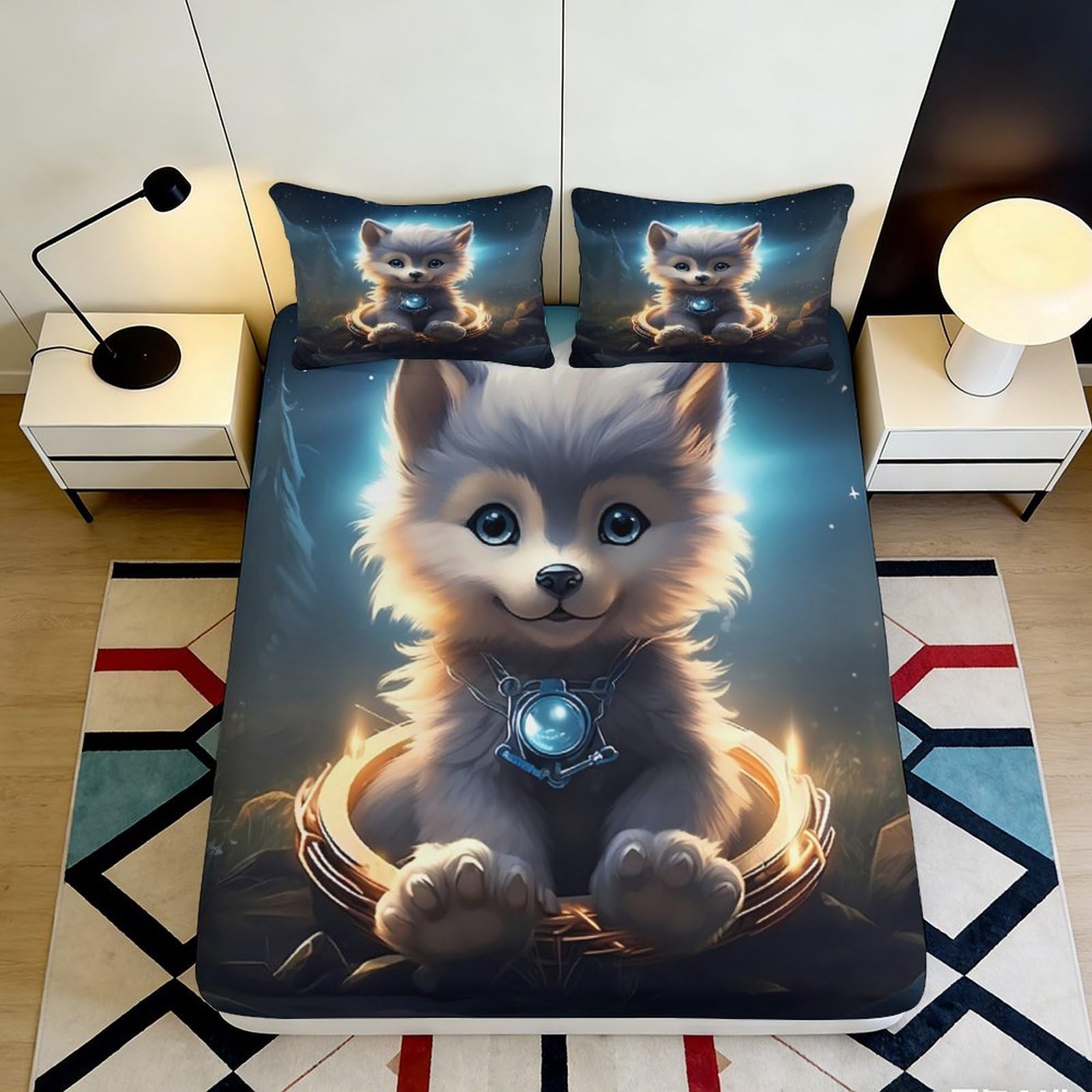 3D Printed Cute Wolf Fitted Sheet Microfiber Deep Pocket Non-Slip Bedroom Bedding Wolf Theme Mattress Fitted Cover Washable 90x200x25cm