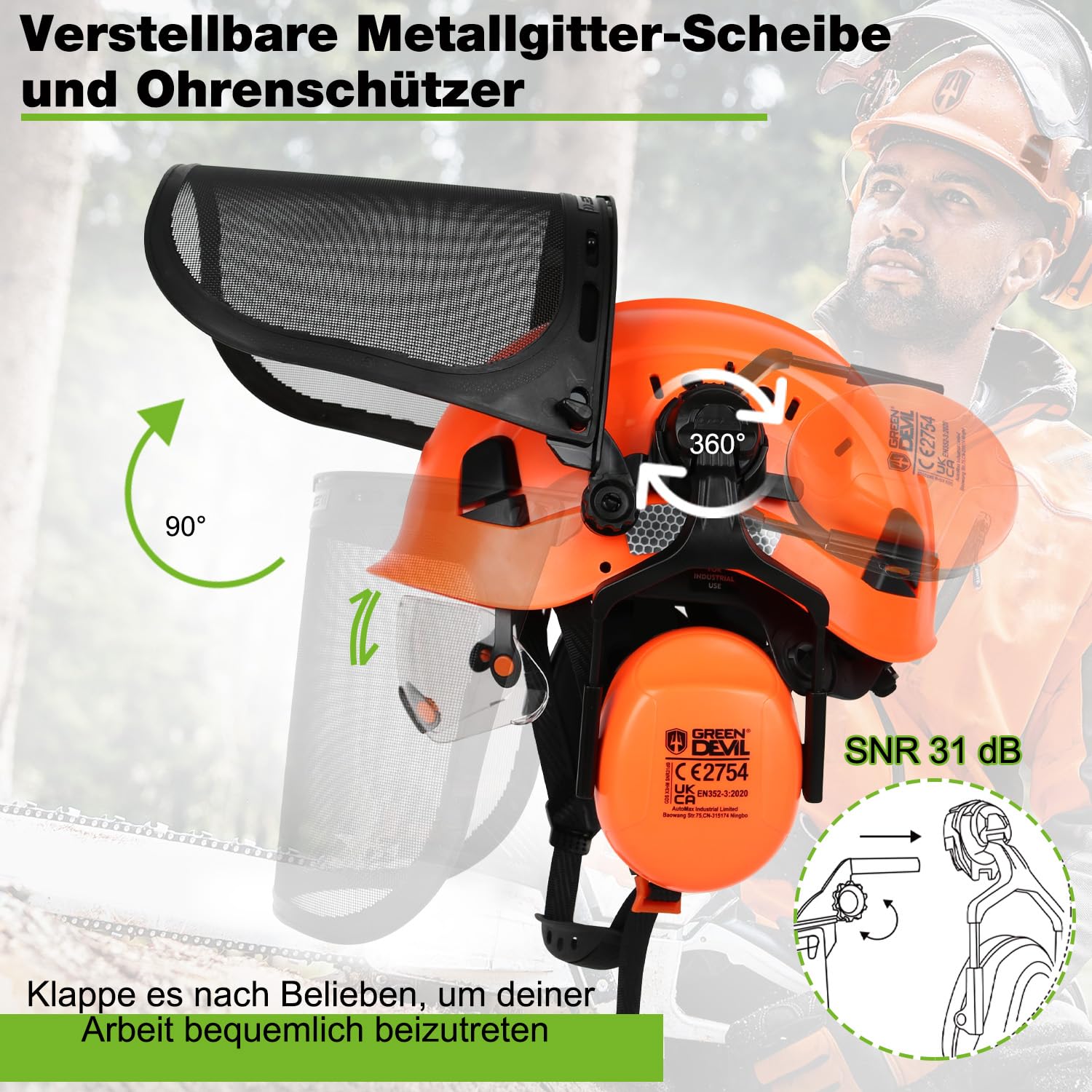 GREEN DEVIL 5-in-1 Forstschutzhelm Set - Kettensägenhelm mit eingebauter Schutzbrille, Maschenvisier & SNR 31dB Gehörschutz + Helmleuchte mit Bewegungssensor