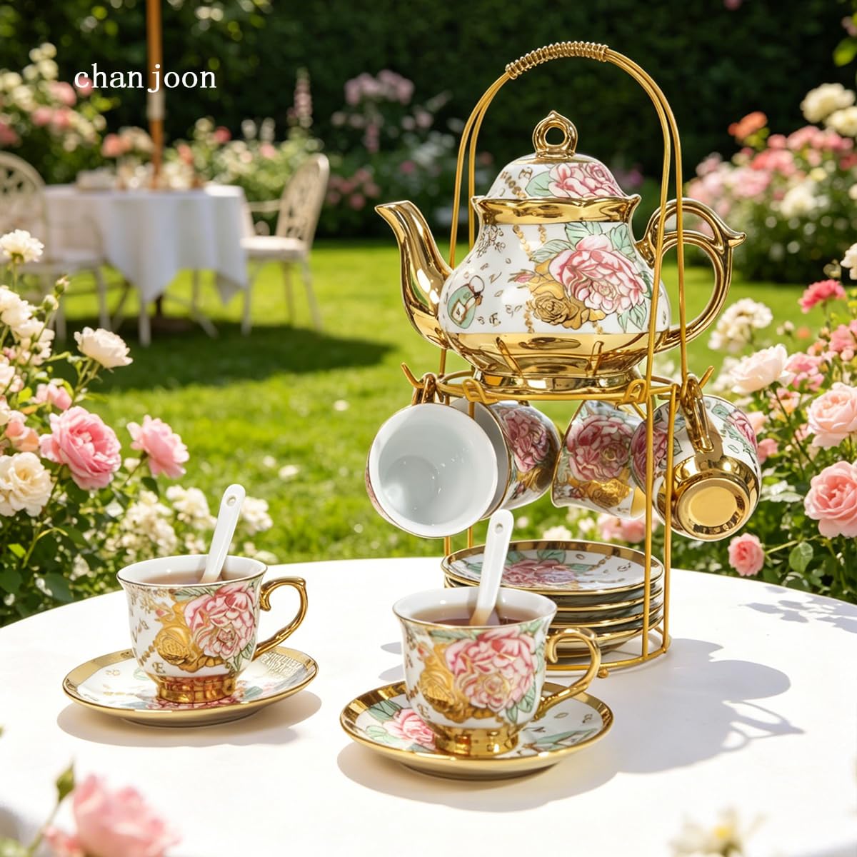 Gold Plated Red Rose Ceramic Tea SetS, Vintage Tea Set with Teapot, Beautiful Tea Set Coffee Serving 6 People (Gold, Medium)