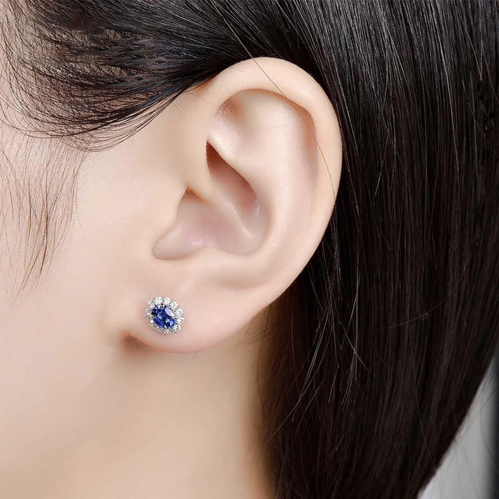 Pendientes de boda, pequeños aretes ovalados con zafiro de 0,9 quilates, oro blanco, regalos de cumpleaños para mujer