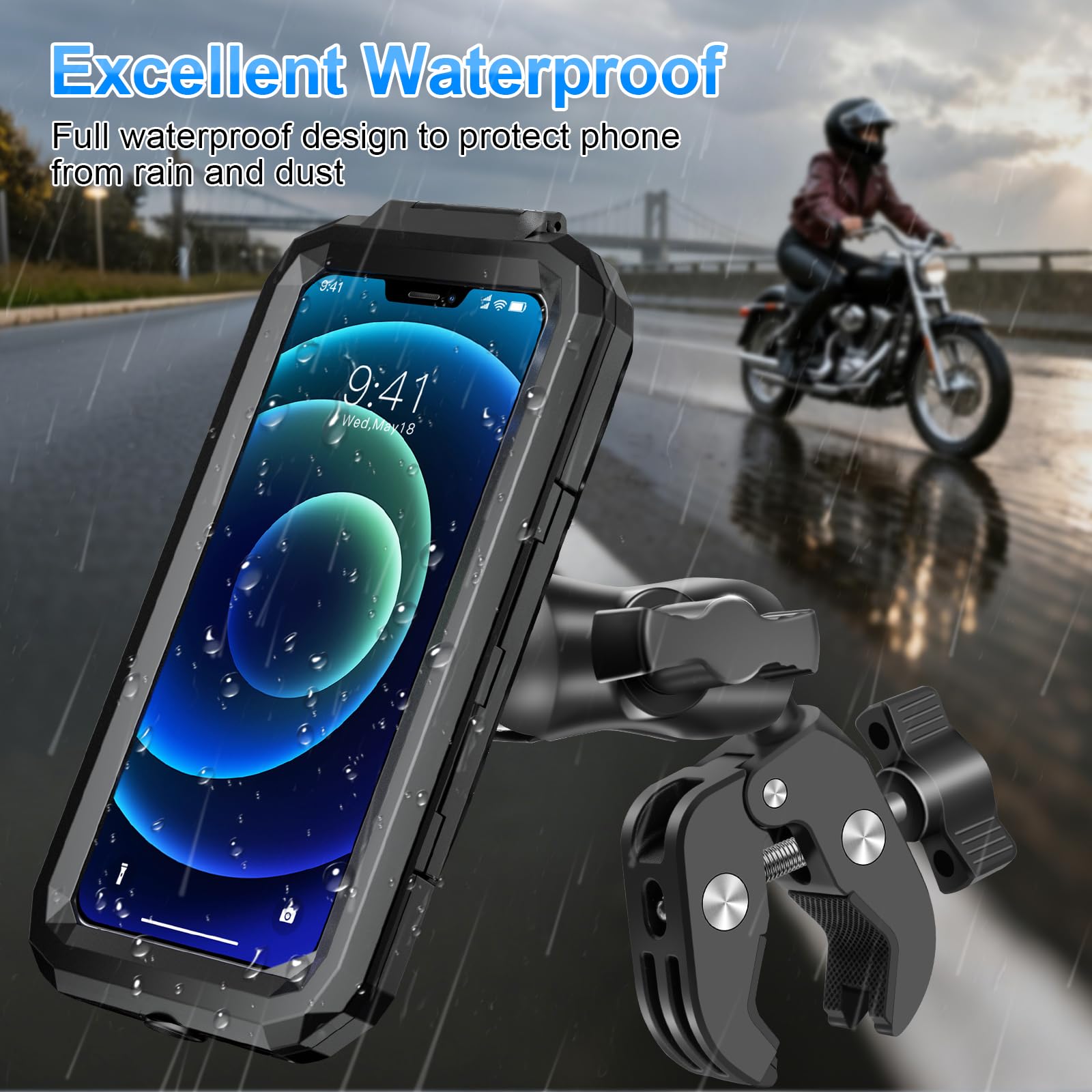 Supporto Telefono Moto Impermeabile Porta Cellulare Bici con 720° Girevole Braccio Estensione Metallo Porta Cellulare Moto Manubrio Scooter Touch Screen per 5.5"-7.0" Smartphone (Nero)