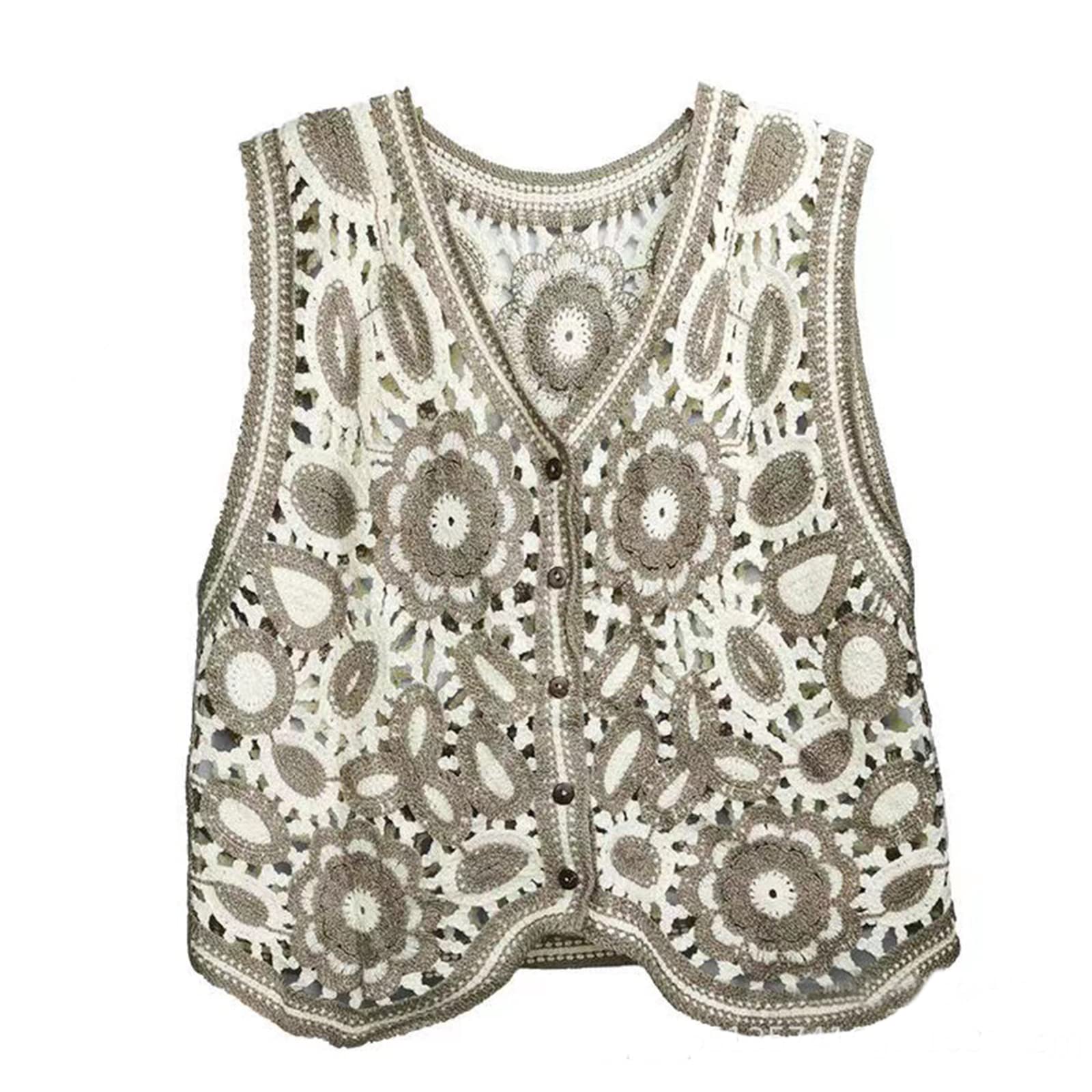 Womens Hollow Knit Crochet Floral V-Neck Vest Waistcoat Cropped Cardigan French Loose Sleeveless Outerwear For Jac