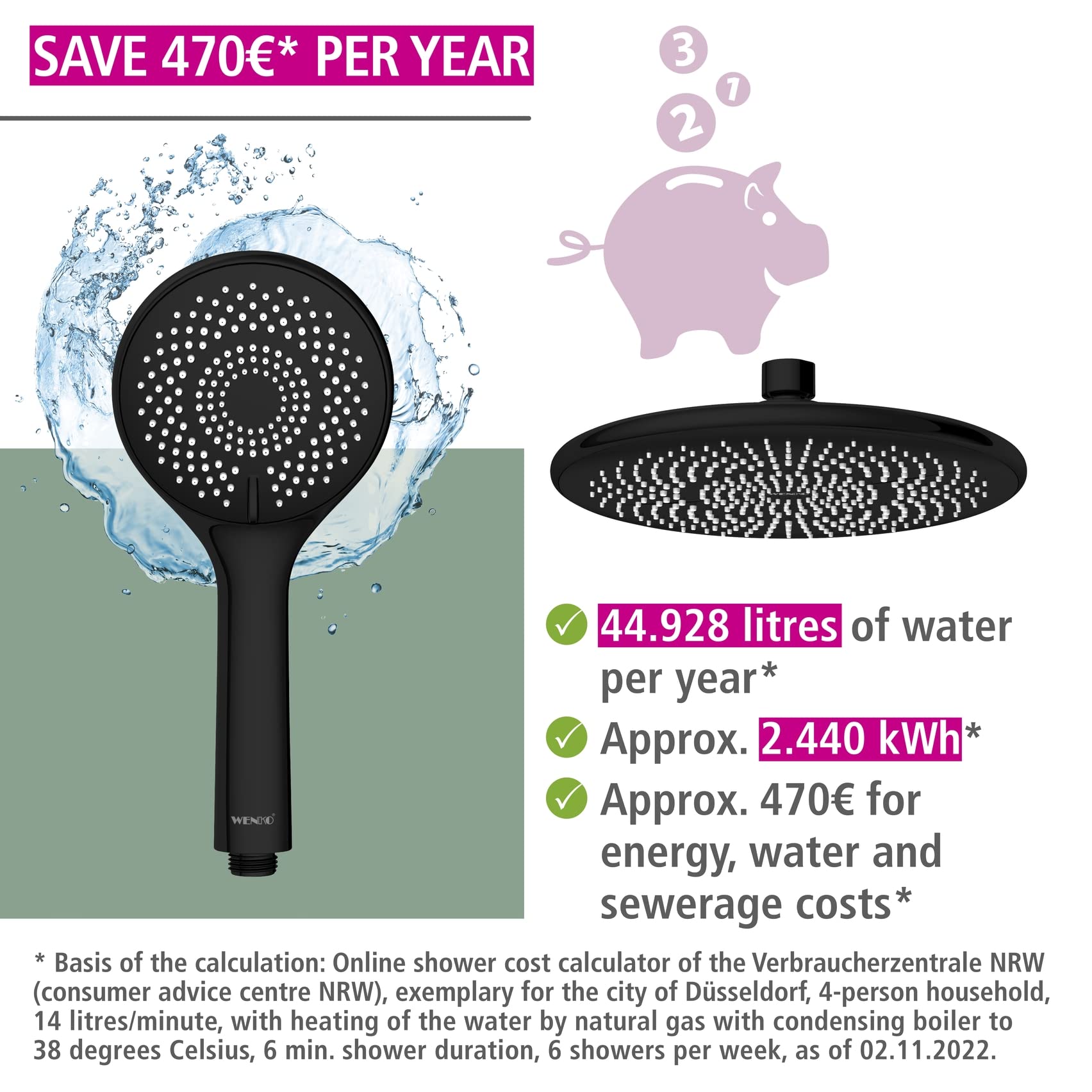 WENKO System prysznicowy Watersaving, drążek prysznicowy ze stali nierdzewnej z deszczownicą i słuchawką, łatwe podłączenie do istniejących armatur, regulacja wysokości (75-120 cm), kolor czarny