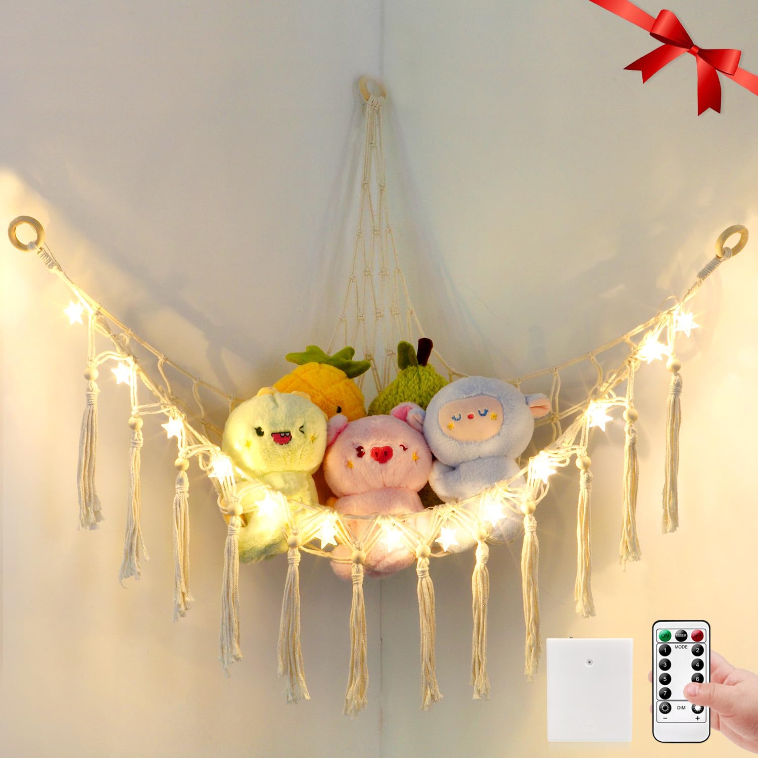 Stuffed Animal Hammock with 13LEDs Star Lights, 47in Toy Storage Macrame Hammock, Hanging Toy Net for Kids Bedroom Doll Room Corner Organizer, Battery Powered Toy Hammocks with Remote(Star, L)
