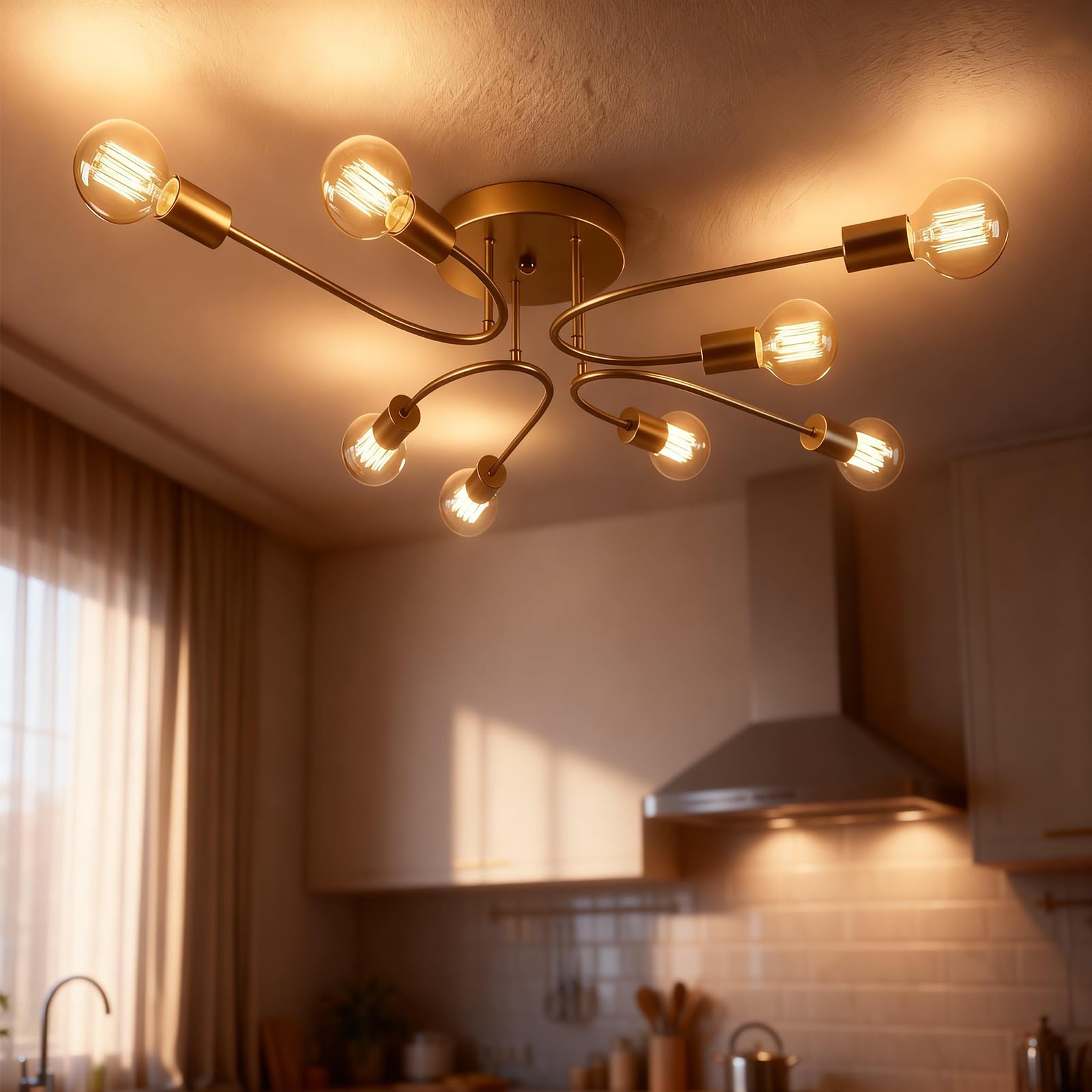 Lampadario Sputnik Oro,8 Luci Plafoniera Soffitto E27 in Metallo | Plafoniera Soffitto Placcatura Superficiale,Lampada da Soffitto per Soggiorno Camera da Letto Cucina Senza Lampadina