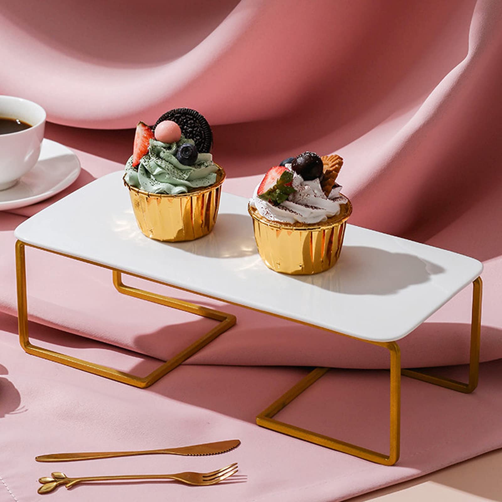 Présentoir à gâteau en fer forgé doré - Table à dessert simple avec plateau en céramique - Présentoir à cupcakes de mariage - Plateau de service rectangulaire - Support à dessert (taille : S)