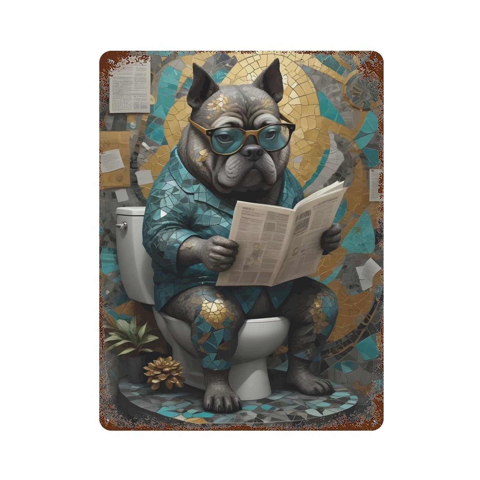 Fat Dog Toilet Vintage Wall Sign 15.7"x11.8", Rust Effect Metal Decor for Living Room, Hallway And Home Decor