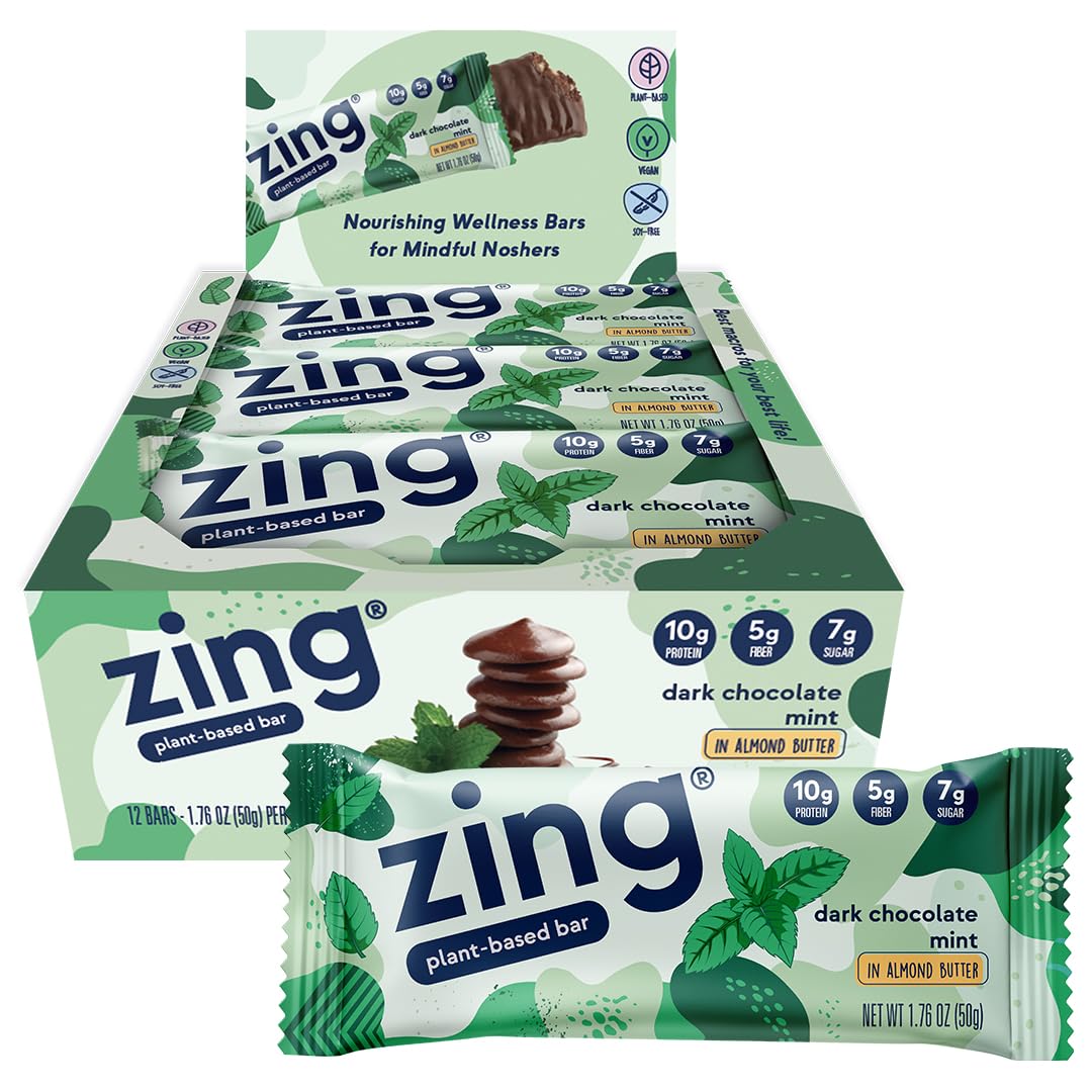 Zing Dark Chocolate Mint Vegan Protein Bars, Gluten Free with High Protein, High Fiber, Dairy Free Nutrition Bars, Plant Based Protein, Kosher, Low Sugar, No Sugar Alcohols - 12 count