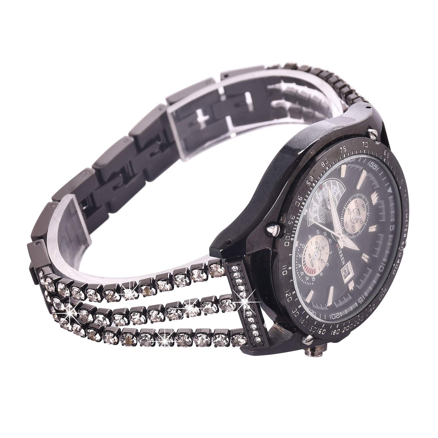 Watch Straps compatible Samsung Galaxy 46mm,S3 Frontier/Classic Women Glitter Stainless Steel Band,22mm Black Bracelet with Folding clasps Replacement Wristband for Samsung S3/Moto 360 2nd