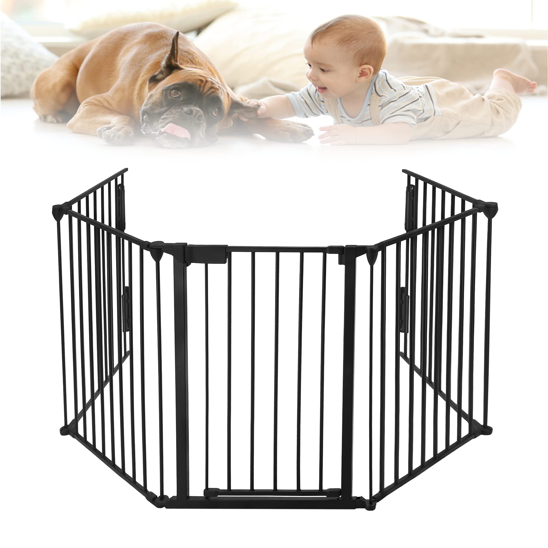 Produktbild von Kaminschutzgitter Baby HENGMEI Metall Kinderschutzgitter Absperrgitter Schutzgitter Faltbar Laufgitter Mit Tür Ofenschutzgitter Türschutzgitter Aus 5 Element, Schwarz Treppenschutzgitter Ohne Bohren