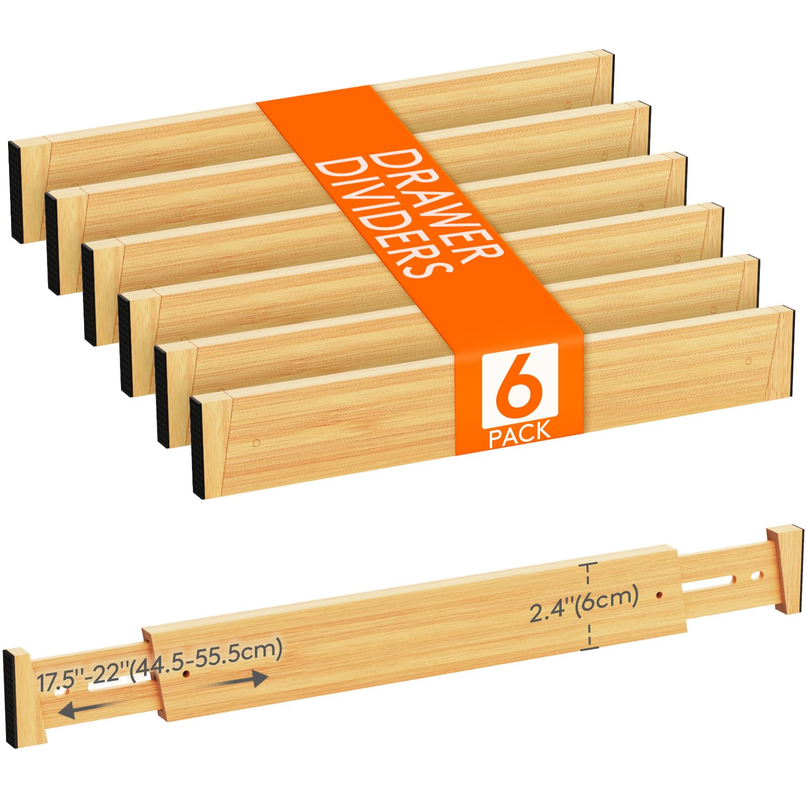 Lifewit 6 Pack Bamboo Drawer Dividers 2.4" High, 17.5-22" Kitchen Drawer Organizers, Adjustable Wooden Drawer Dividers for Clothes, Expandable Drawer