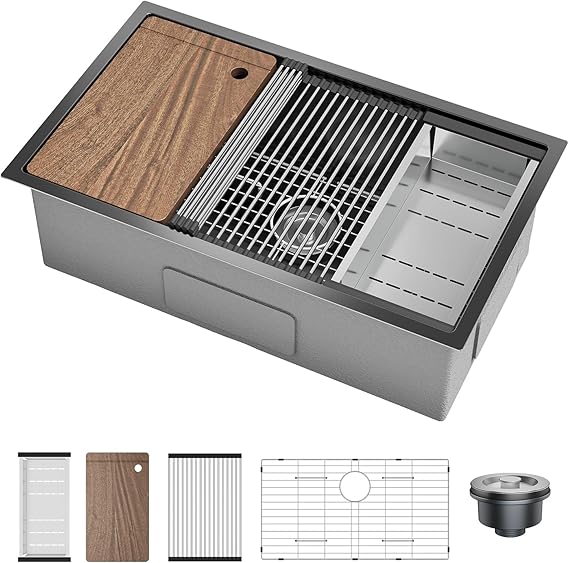 Undermount Kitchen Sink, 32x19 Inch Stainless Steel Kitchen- Single Bowl Sinks, Modern Top Mount 16 Gauge Workstation Sink-with Cutting Board for Bar, Black (Not Included Faucet)