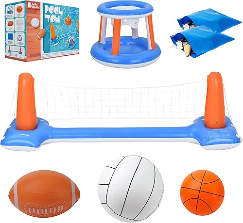 Miniatura 7 de BELLOCHIDDO Juguetes de piscina  Juegos de baloncesto y voleibol para piscina, incluye red inflable de voleibol, aro de baloncesto flotante y fútbol