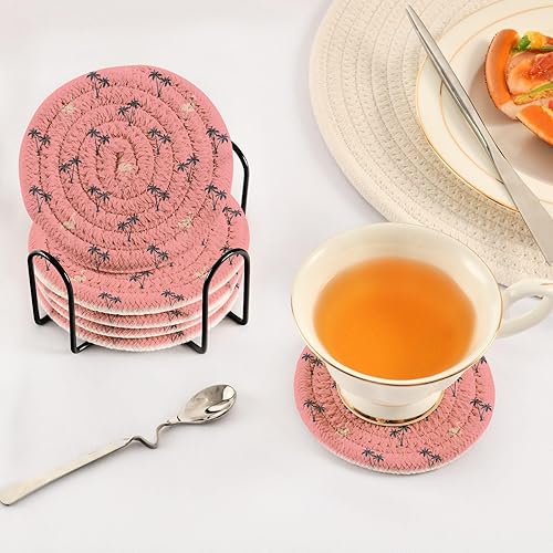 Miniatura 5 de innewgogo Flamingo Pink Tropical 6 Pcs Absorbent Drink Coasters for Tabletop Protection Handmade Round Woven Coaster with Holder & Heat Water
