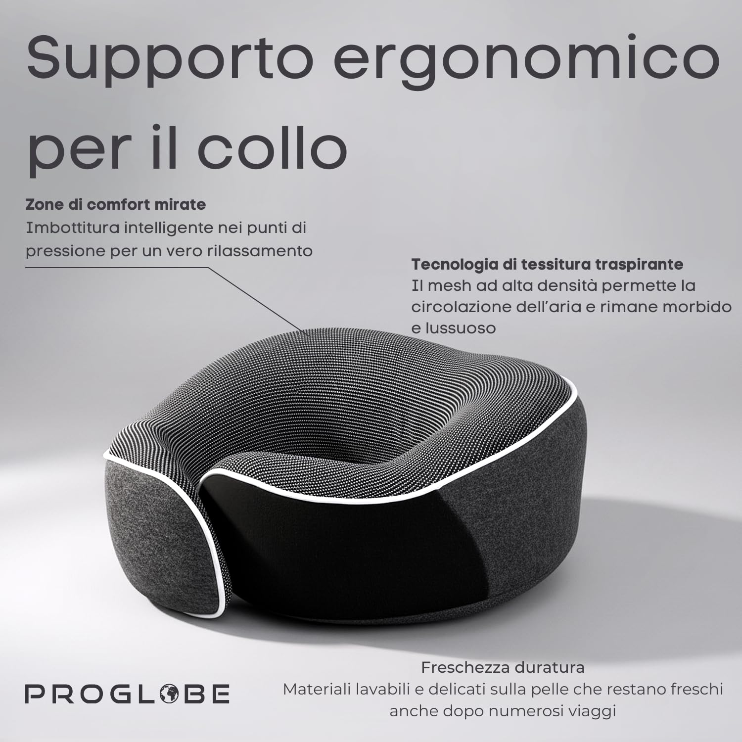 Proglobe Cuscino cervicale aereo, cuscino da viaggio, 100% memory foam, cuscino ortopedico, per viaggi con aereo, auto, treno, con maschera 3D, borsa a rete di alta qualità, Grigio scuro