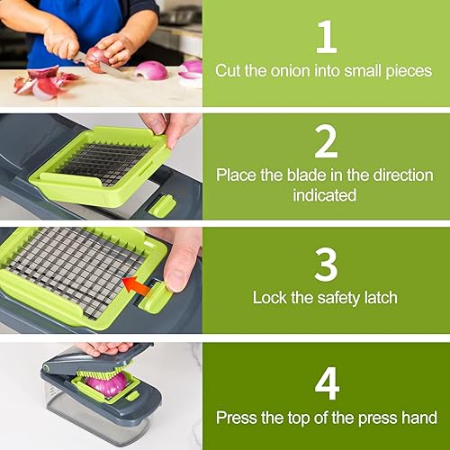 Miniatura 5 de Cambom Picador de verduras con contenedor, cortador multifuncional de alimentos para cebollas y verduras con 8 cuchillas, zanahoria y verduras