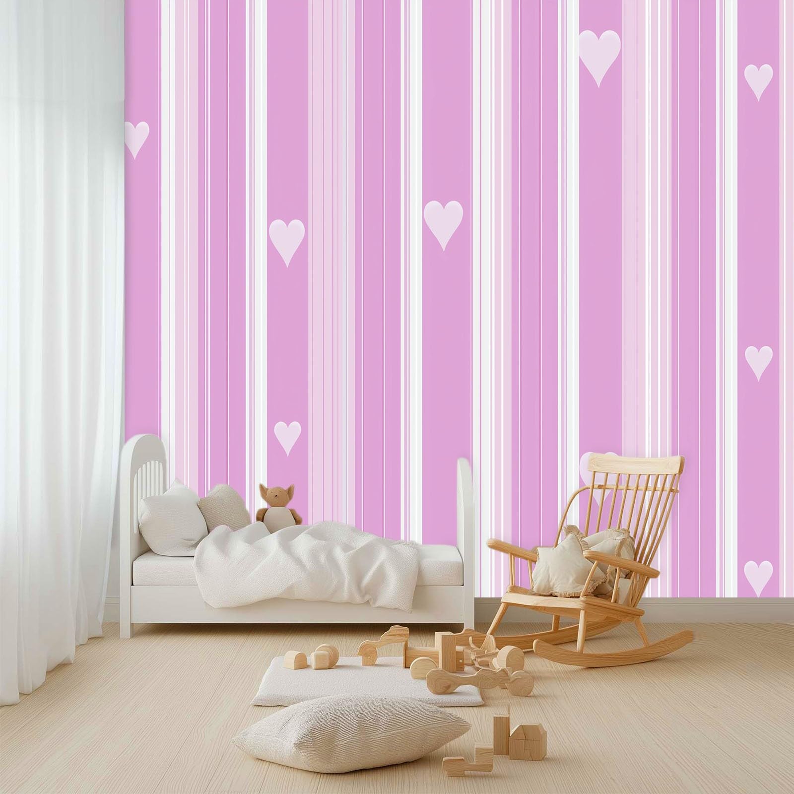 Panoramiczna tapeta 200 x 140 cm minimalistyczne geometryczne kształty w paski serca włóknina XXL fototapeta gobelin fototapeta salon sypialnia - tapeta Trompe l'eil efekt 3D, jasnoróżowy