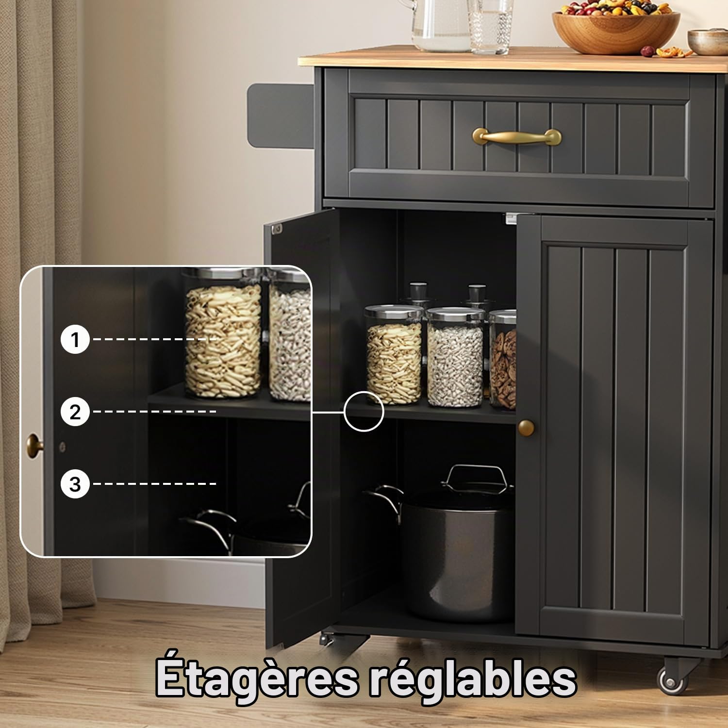 Desserte de Cuisine à roulettes, Îlot de Cuisine Mobile avec 1 Tiroir et 2 Placards, Porte-torchons, étagère réglable, pour Salle à Manger, Salon, 84 × 45 × 85 cm, Noir