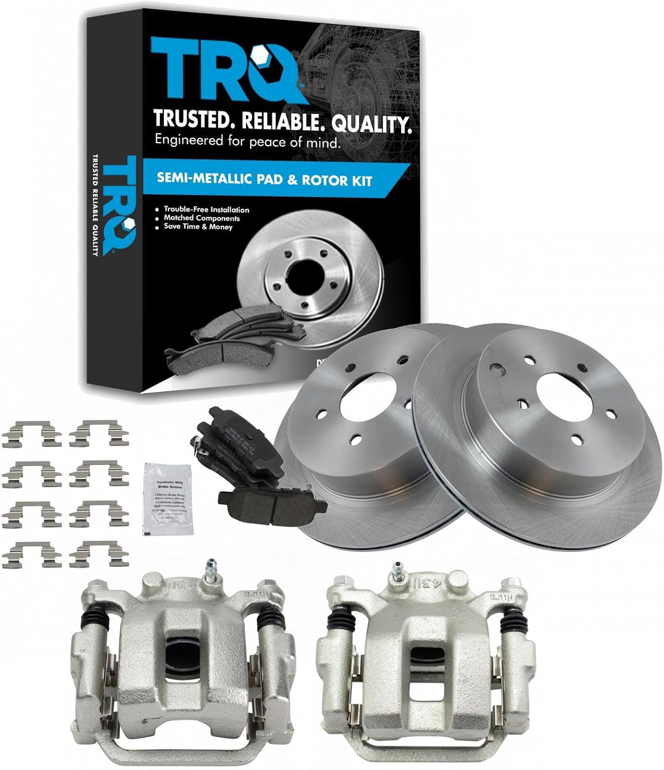 TRQ Rear Brake Pad and Rotor Set Semi Metallic Vented Rotors Calipers Compatible with 2003-2008 Infiniti FX35 FX45