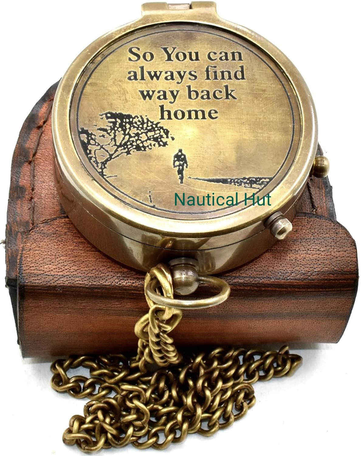 Nautical Hut Military Compass for Hiking and Survival- Waterproof Brass Pocket with Leather Carry Case & Chain Camping Hunting Climbing Exploring Geology Outdoor Activities, Brown, 2 inch