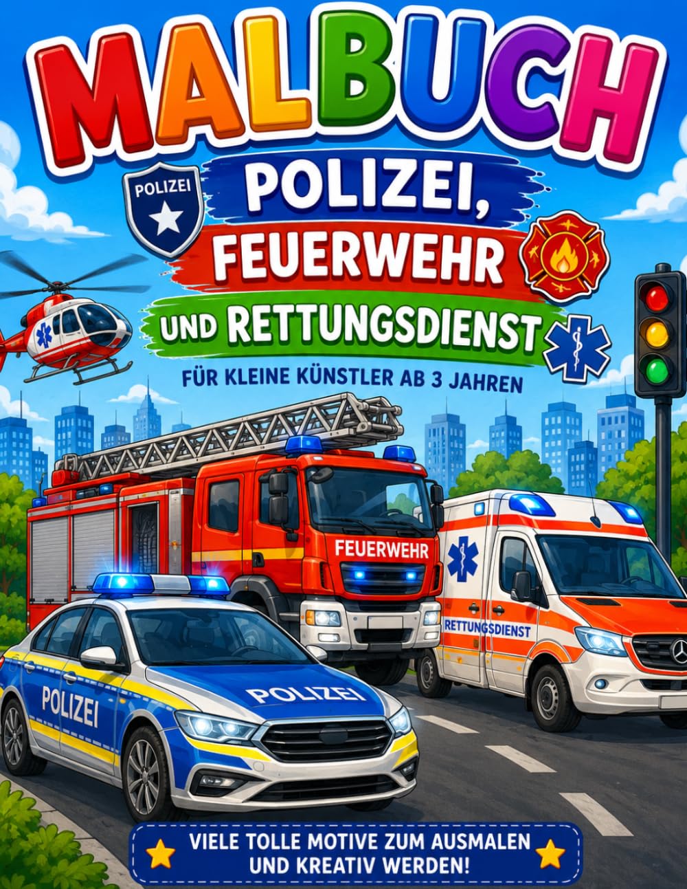 Malbuch Polizei, Feuerwehr und Rettungsdienst: Viele spannende Einsatzfahrzeuge zum Ausmalen – Für kleine Künstler ab 3 Jahren