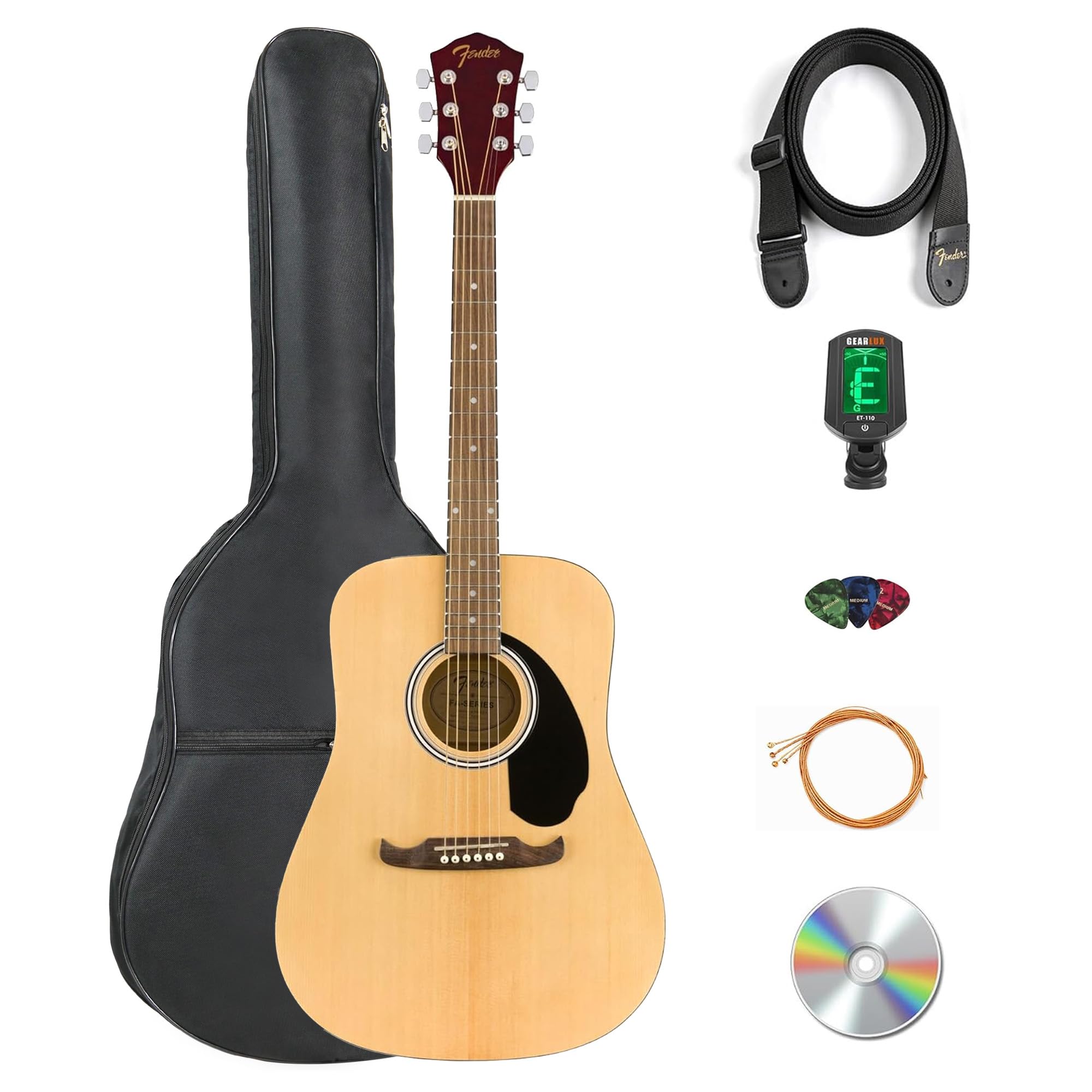Fender FA-125 Dreadnought Acoustic Guitar - Natural Bundle with Gig Bag, Tuner, Strap, Strings, Picks, and Austin Bazaar Instructional DVD