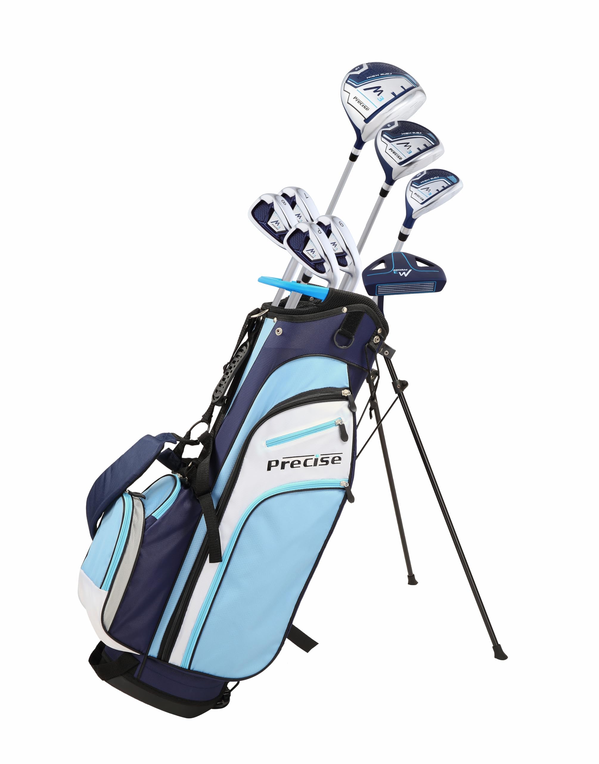 Precise M3 Women’s Right Handed Complete Golf Club Set Regular Includes 12* Driver, 3 Wood, 21* Hybrid, 7-9 Cavity Back Irons, Pitching Wedge, Putter, Deluxe Stand Bag, 3 Headcovers, Stylish Lite Blue