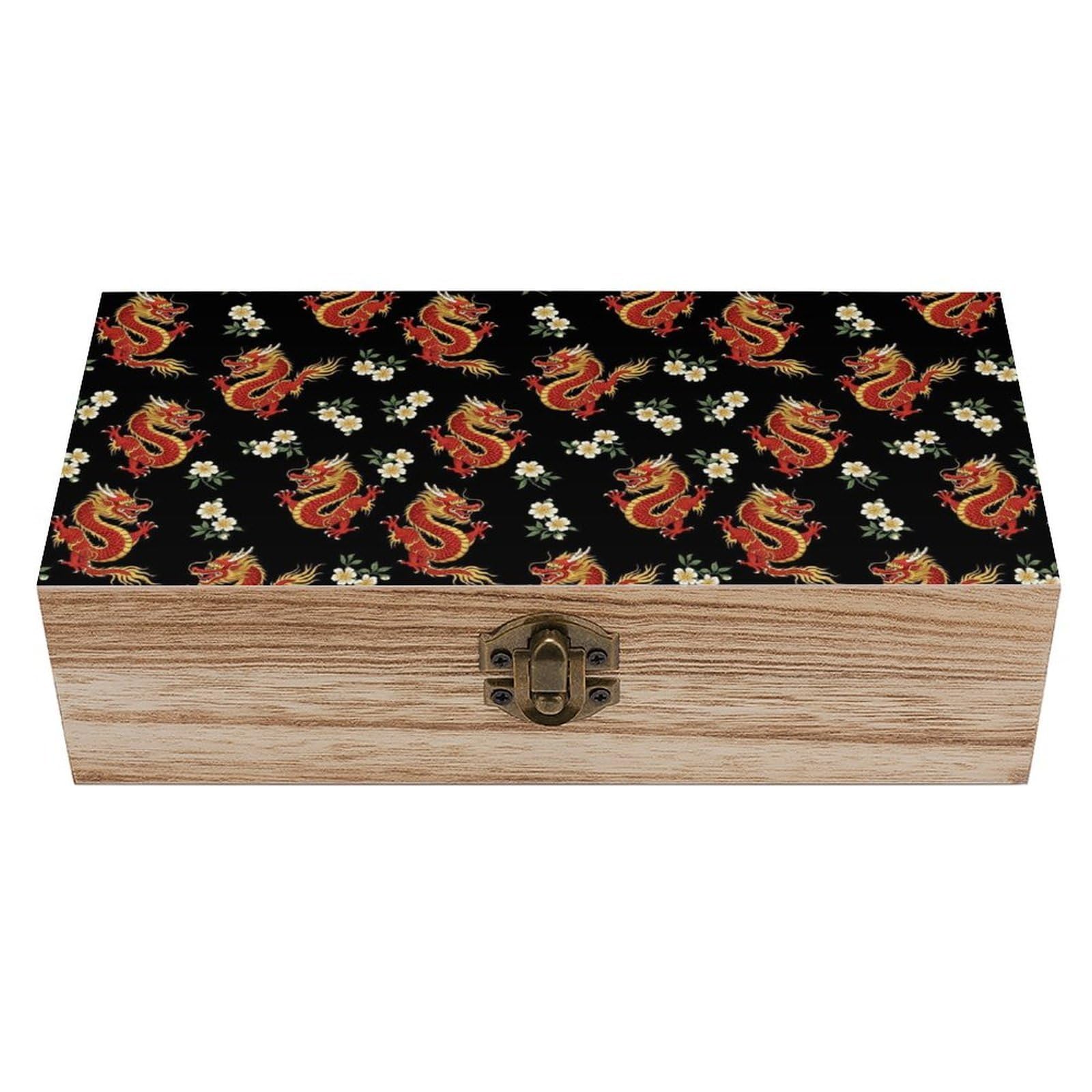 HLBSDM Wooden Storage Box with Hinged Lid, Decorative Wooden Box Jewellery Organizer Floral Chinese Japanese Dragon Flower Keepsake Box for Wedding, Birthday, Anniversary