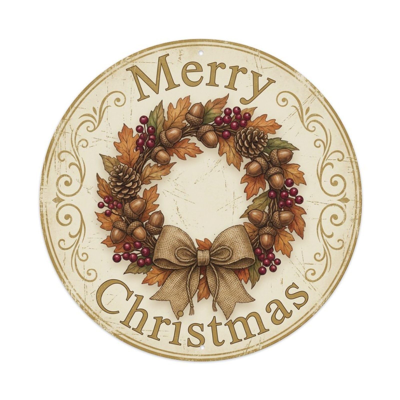 Merry Christmas Acorn Wreath Autumn Metal Tin Sign