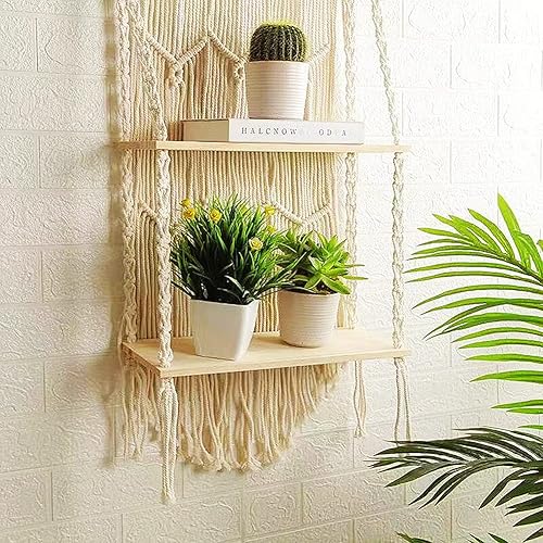 Miniatura 4 de Estante colgante de pared de macramé, estantes colgantes bohemios para interiores para pared, estantes decorativos bohemios flotantes para plantas,