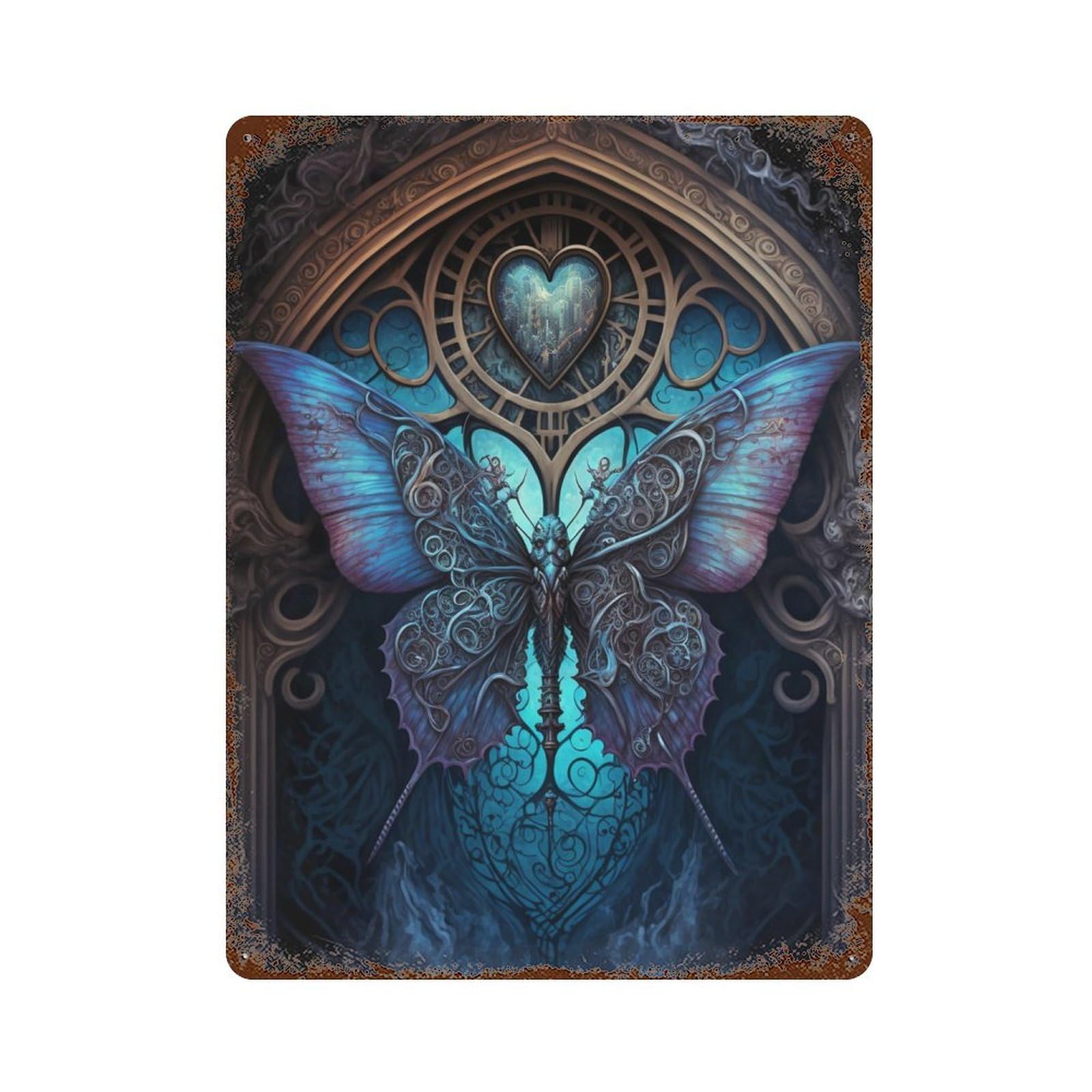 Rust Effect Steampunk Butterfly Art Print Rustic Tin Plaque 15.7"x11.8", Shabby Chic Decor for Basement, Hobby Room And Garage Decor