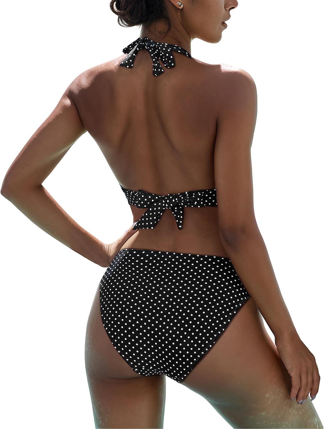 Women's Mid Rise Bikini Suit Halter Neck V Tie Push Up Front Classic Polka Dot Two Swimsuit - Image 2