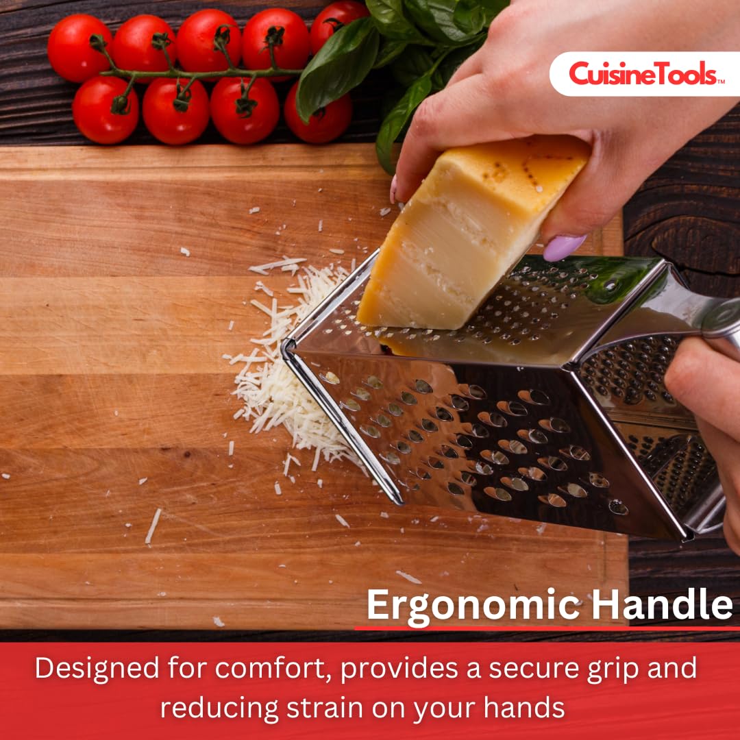 CuisineTools 4-Sided Stainless Steel Cheese Grater with New Ergonomic Handle, Multifunctional Box Grater for Cheese, Parmesan, and Vegetables, Dishwasher Safe